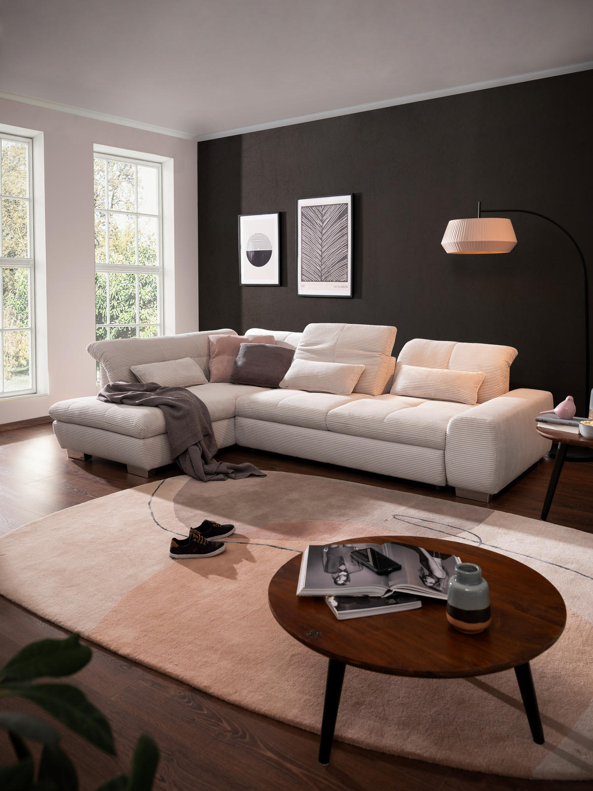 ECKSOFA Hellgrau Cord  - Chromfarben/Hellgrau, Design, Kunststoff/Textil (212/292cm) - SetOne by Musterring