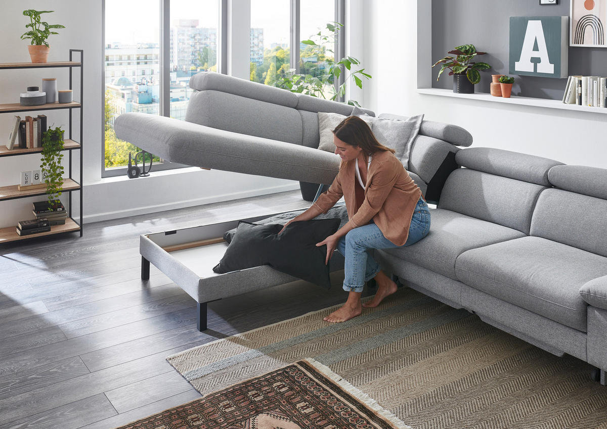 ECKSOFA in Flachgewebe Hellgrau  - Hellgrau/Schwarz, Design, Holzwerkstoff/Textil (217/272cm) - Pure Home Comfort