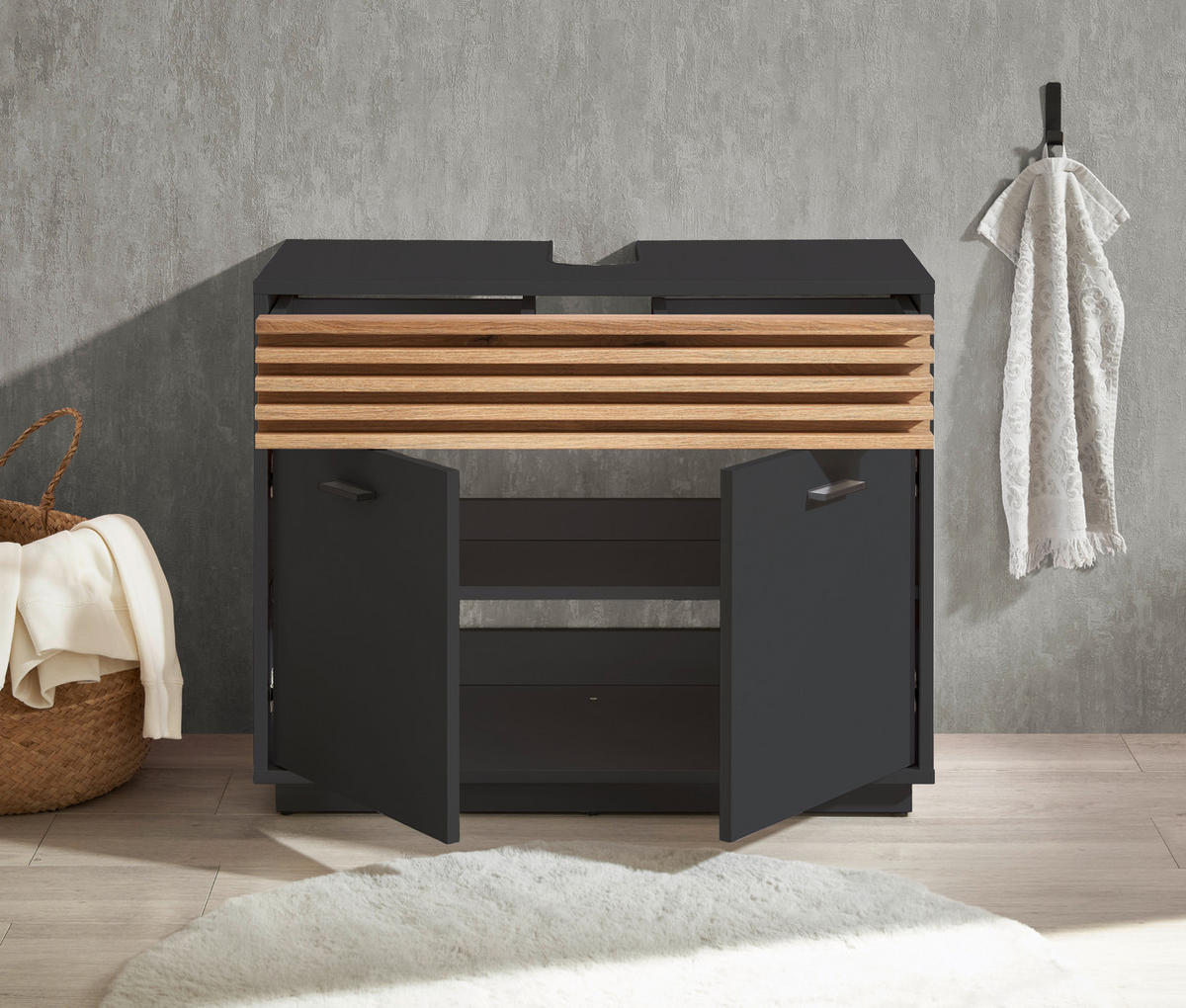 WASCHBECKENUNTERSCHRANK 80/64/40 cm  - Eichefarben/Anthrazit, KONVENTIONELL, Holzwerkstoff/Kunststoff (80/64/40cm) - home24