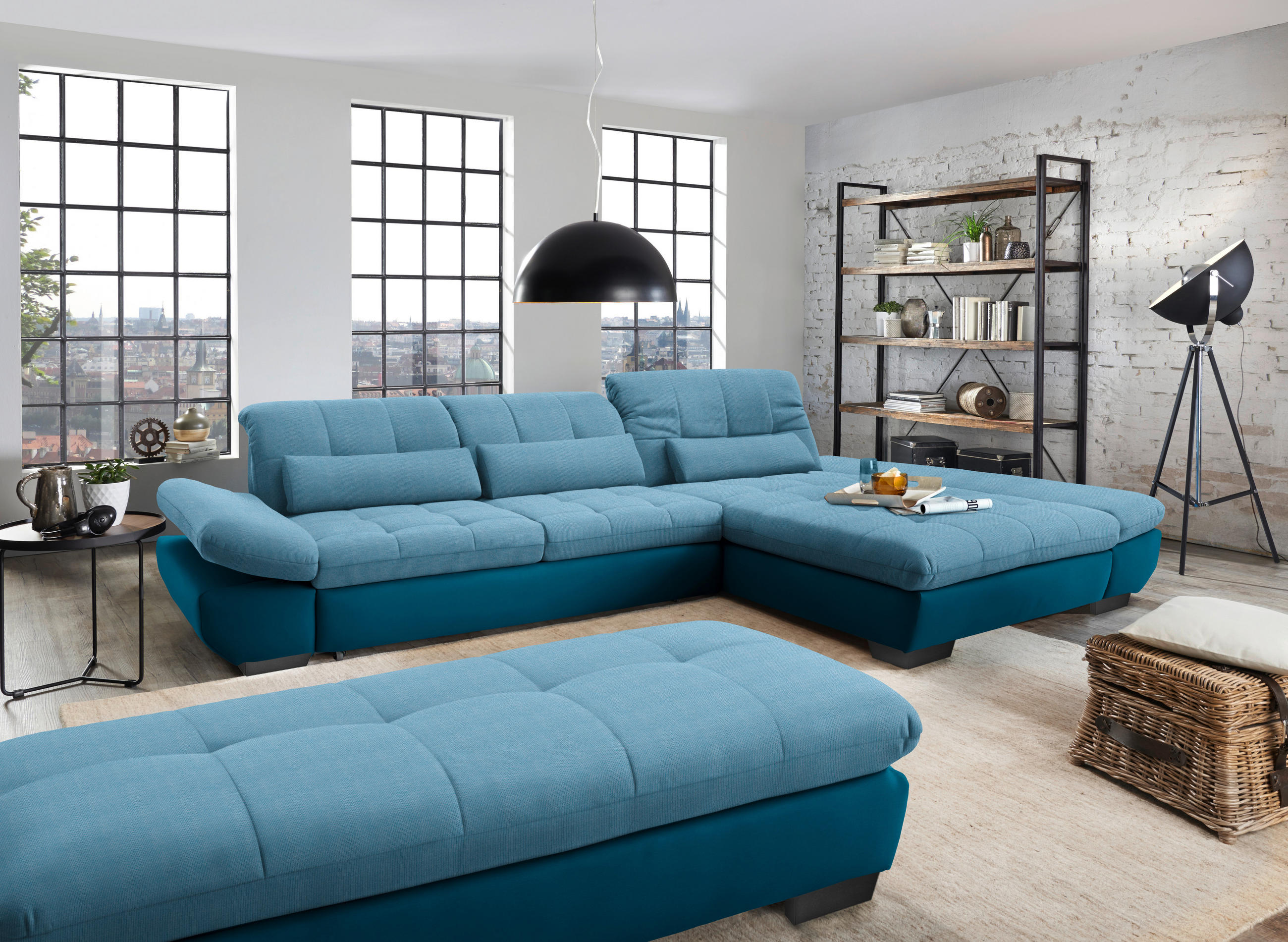 ECKSOFA in Mikrofaser Hellblau  - Schwarz/Hellblau, Design, Textil/Metall (341/204cm) - Xora