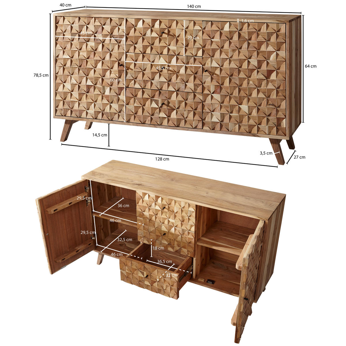 SIDEBOARD  - Schwarz/Akaziefarben, Design, Holz/Metall (140/40/79cm) - MID.YOU