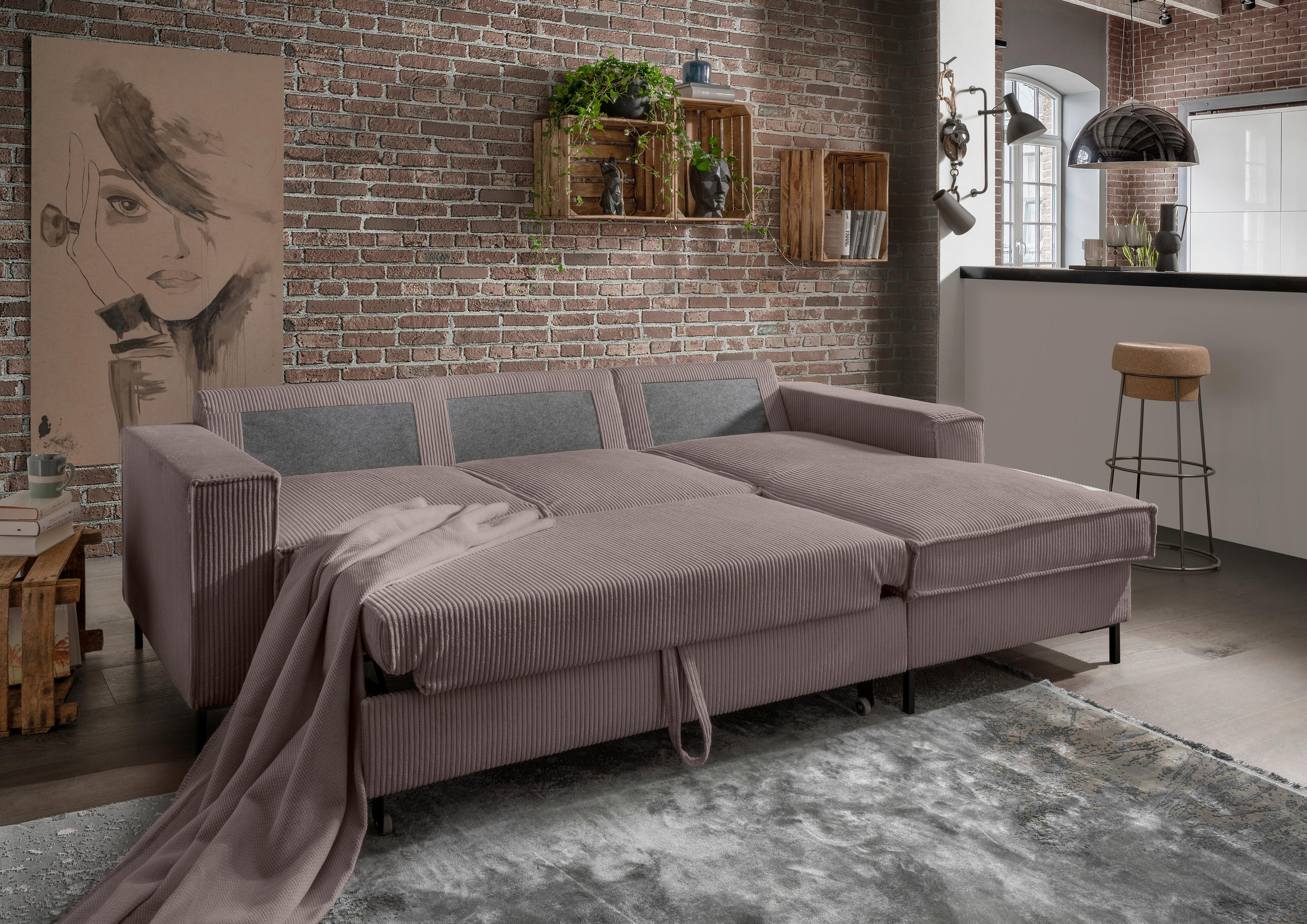 ECKSOFA Graubraun Cord  - Graubraun/Schwarz, MODERN, Textil/Metall (240/150cm) - Livetastic