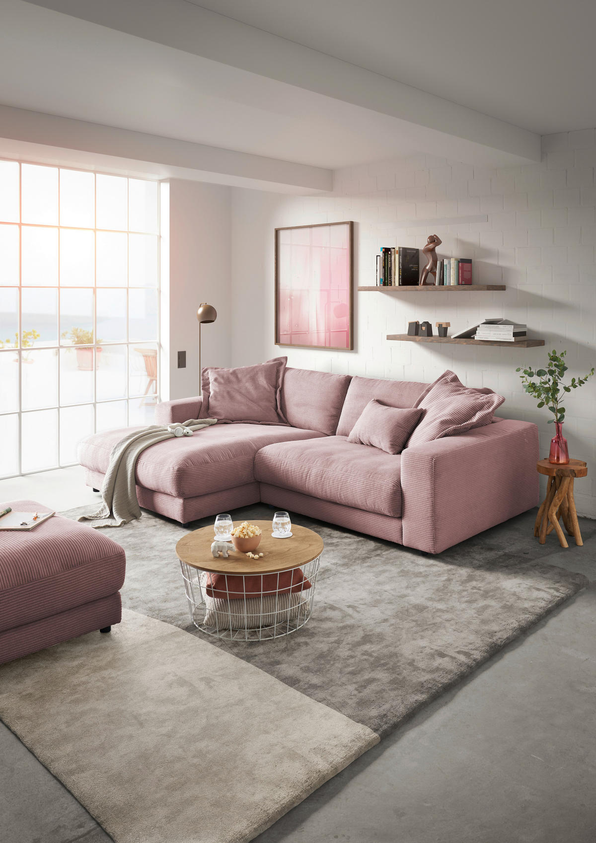 ECKSOFA in Cord Rosa  - Schwarz/Rosa, Design, Kunststoff/Textil (190/270cm) - Lomoco