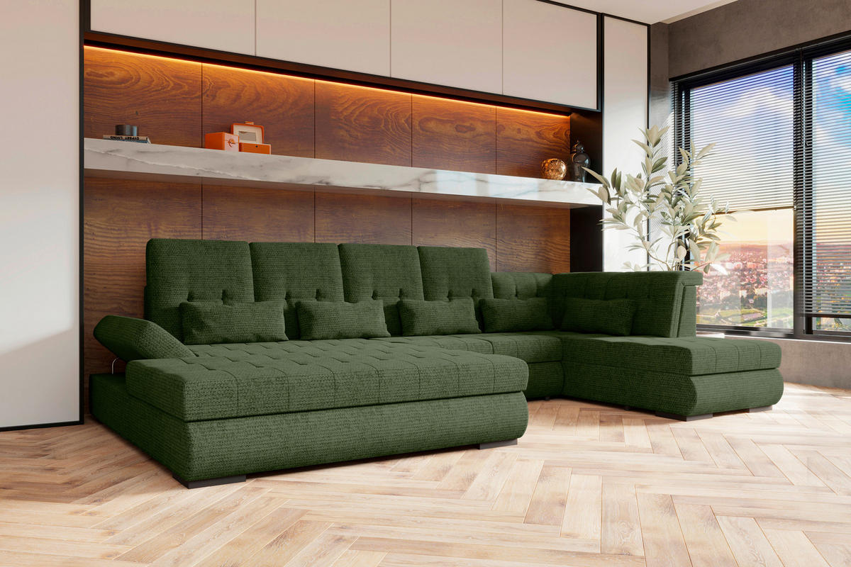 WOHNLANDSCHAFT Olivgrün Struktur  - Schwarz/Olivgrün, KONVENTIONELL, Kunststoff/Textil (212/358/222cm) - Carryhome