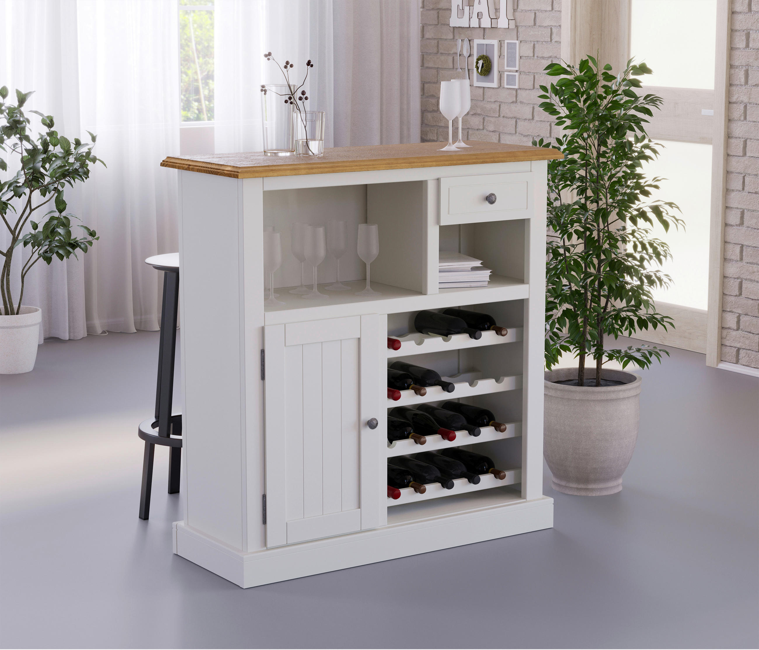 BAR Kiefer massiv Weiß, Eichefarben  - Eichefarben/Silberfarben, MODERN, Holz/Holzwerkstoff (105/110/42cm) - MID.YOU