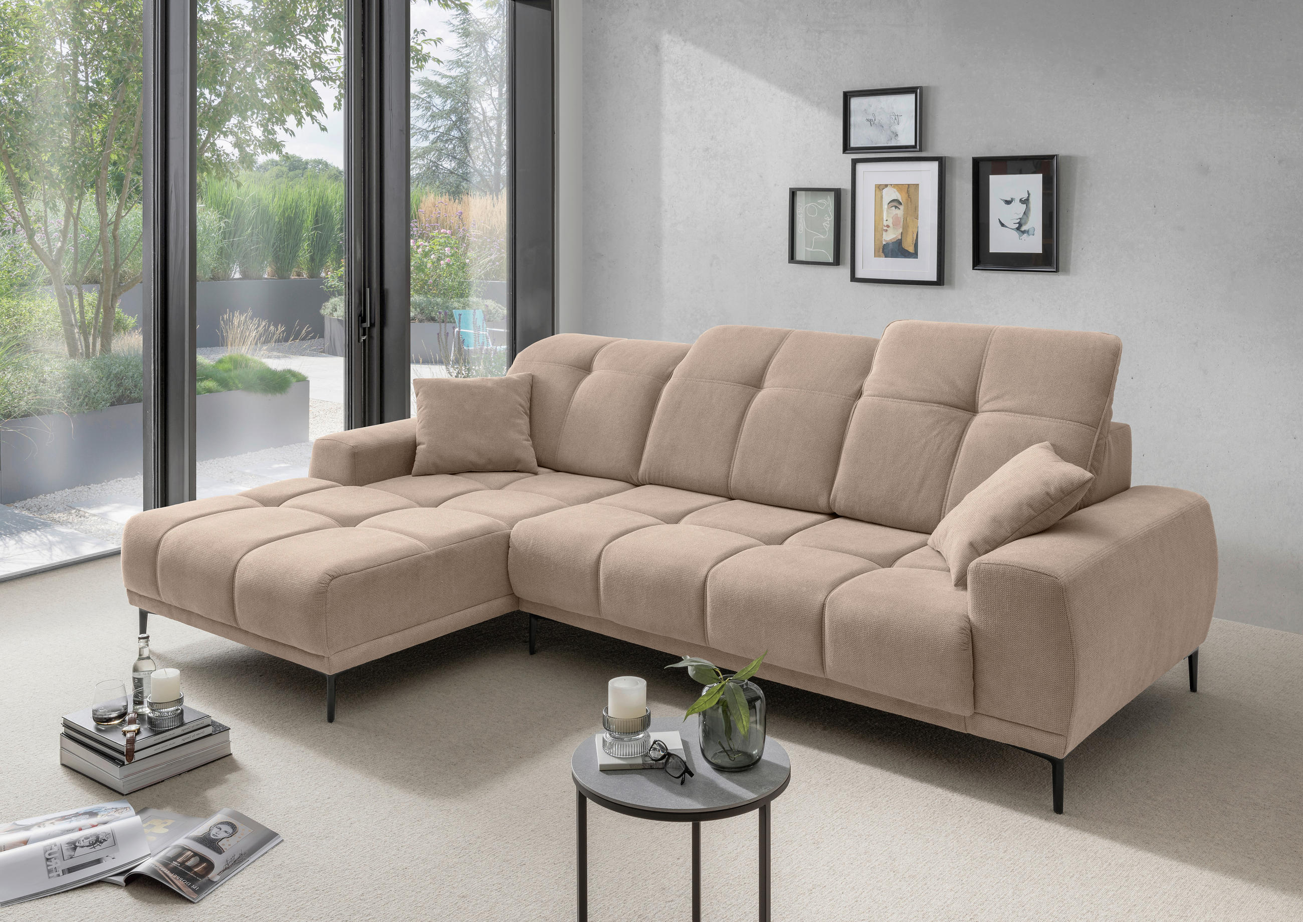 ECKSOFA NESTO Hellbraun Chenille Zierkissen, Kopfteilverstellung, Sitztiefenverstellung  - Hellbraun/Schwarz, Basics, Textil/Metall (187/292cm) - Livetastic
