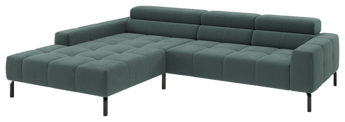 ECKSOFA Grün Feincord Rücken echt, Kopfteilverstellung, Sitztiefenverstellung  - Schwarz/Grün, KONVENTIONELL, Textil/Metall (226/293cm) - Hom`in