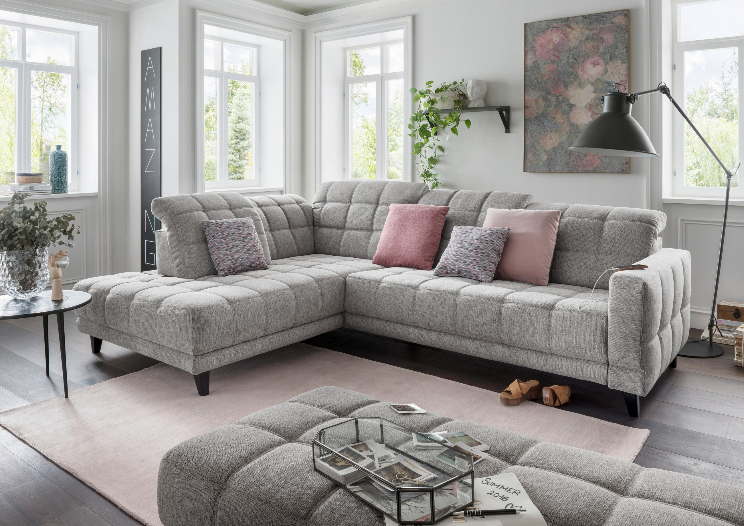 Thumbnail - Xora Ecksofa, Grau, Textil, Buche, Uni, 3-Sitzer, Ottomane links, L-Form, 302x216 cm, Goldenes M, Typenauswahl, Fußauswa...