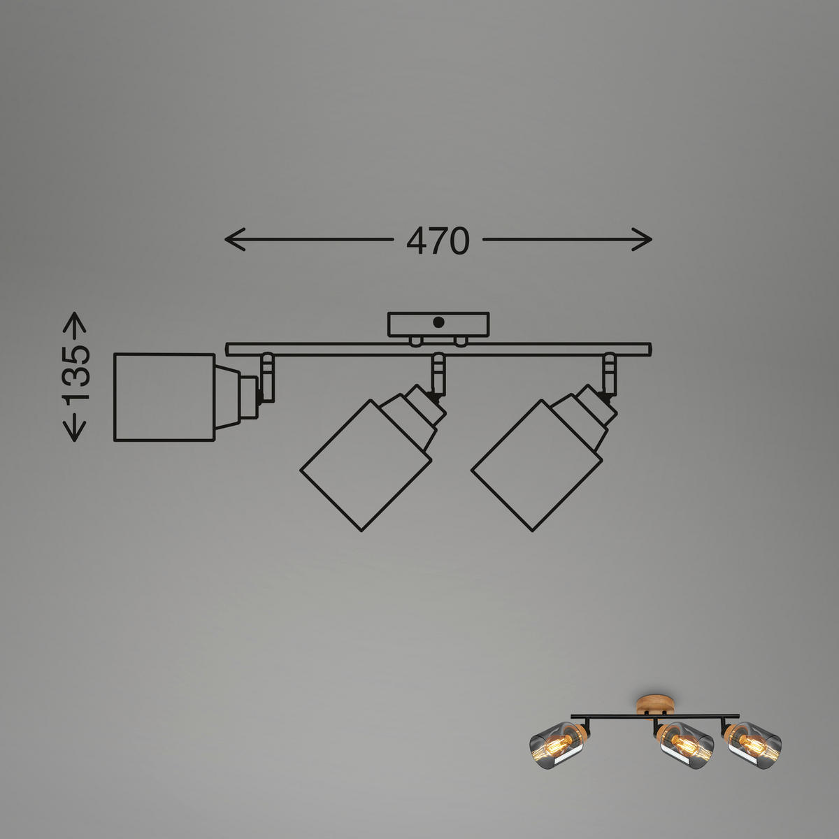 DECKENSPOTS 47/11/24 cm   - Eichefarben/Schwarz, Design, Glas/Holz (47/11/24cm)