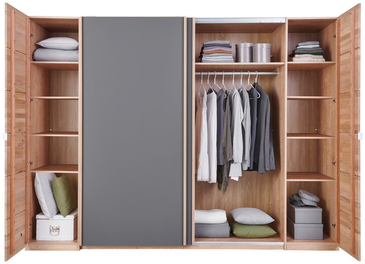 SCHWEBETÜRENSCHRANK in Taupe, Eichefarben  - Taupe/Eichefarben, Natur, Glas/Holz (246/215/74cm) - Linea Natura