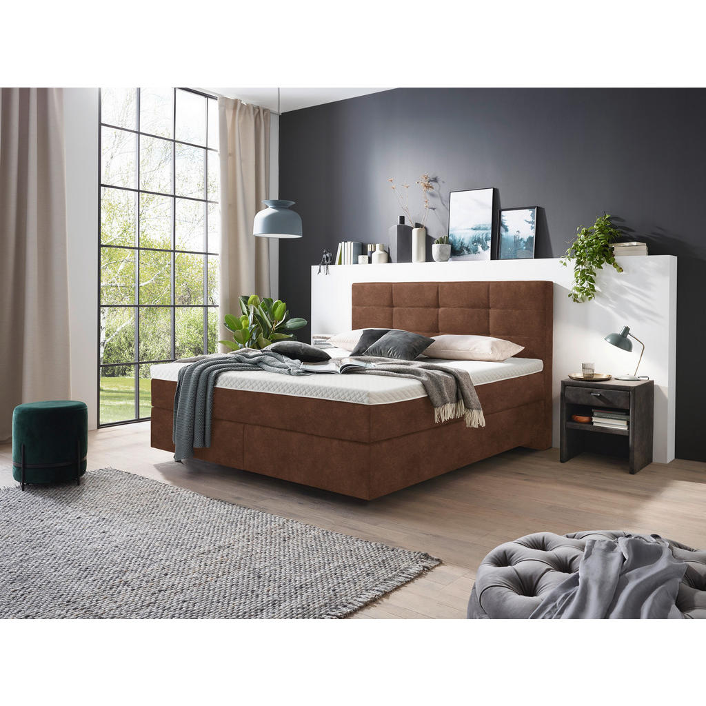 Thumbnail - Voleo Boxspringbett, Cognac, Textil, H2 + H3, 7-Zonen, Höhe ca. 18 cm, 200x200 cm, Über- und Sondergrößen erhältlich, ge...