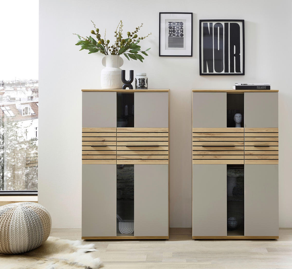 HIGHBOARD Grau, Buchefarben  90/131/40 cm  - Buchefarben/Schwarz, KONVENTIONELL, Glas/Holzwerkstoff (90/131/40cm) - Venda