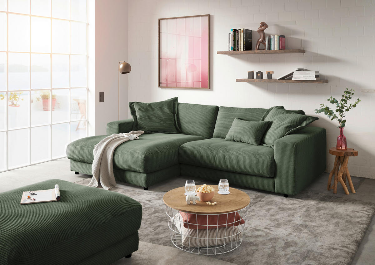 ECKSOFA in Cord Olivgrün  - Schwarz/Olivgrün, Design, Kunststoff/Textil (190/270cm) - Lomoco