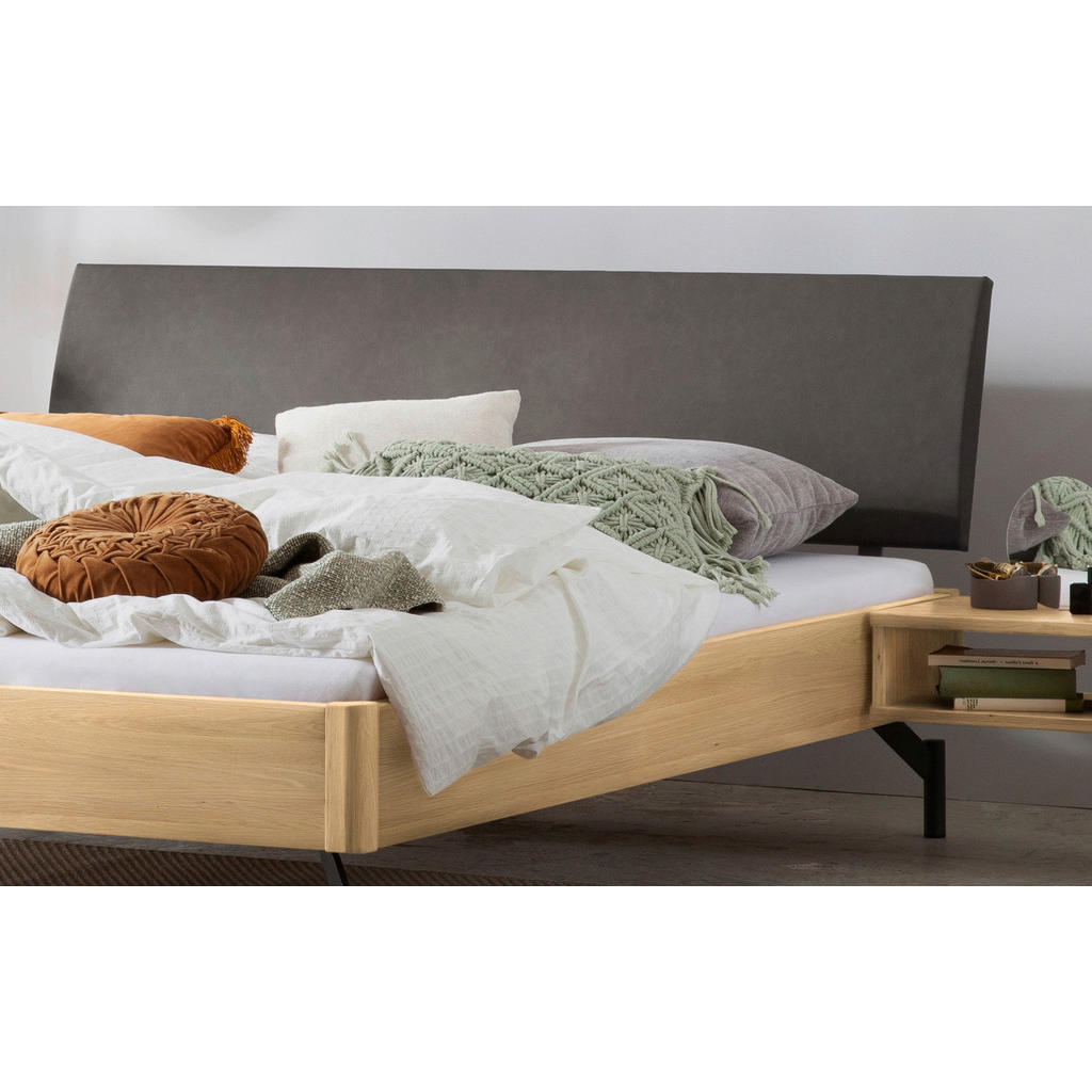 Thumbnail - Hasena Bett, Anthrazit, Grau, Eiche, Holz, Eiche, massiv, Höhe ca. 22 cm, 160x200 cm, gepolstertes Kopfteil, in verschie...