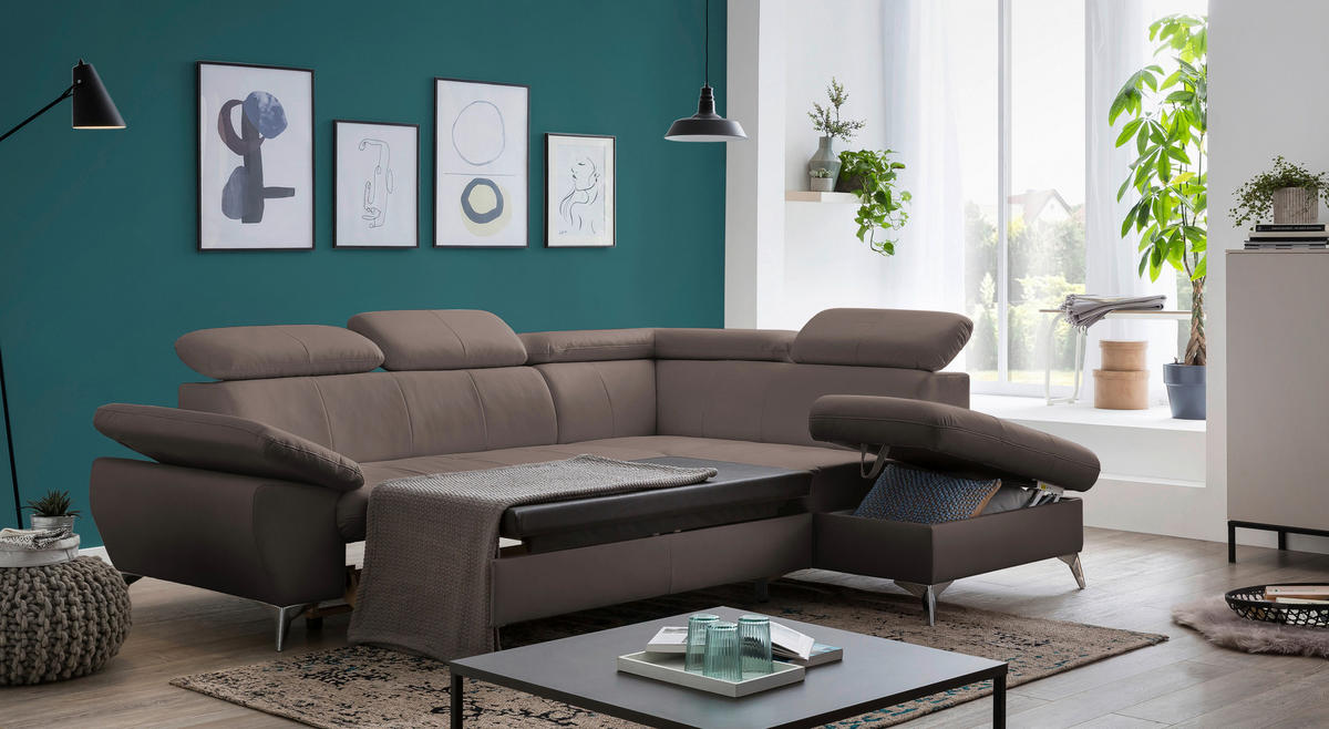 ECKSOFA Braun Lederlook  - Chromfarben/Braun, KONVENTIONELL, Textil/Metall (256/209cm) - Livetastic