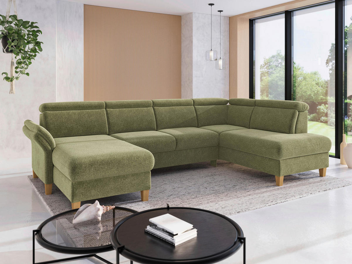 WOHNLANDSCHAFT GLENDALE E Hellgrün Flachgewebe  - Eichefarben/Hellgrün, KONVENTIONELL, Holz/Textil (166/321/193cm) - Sit & More