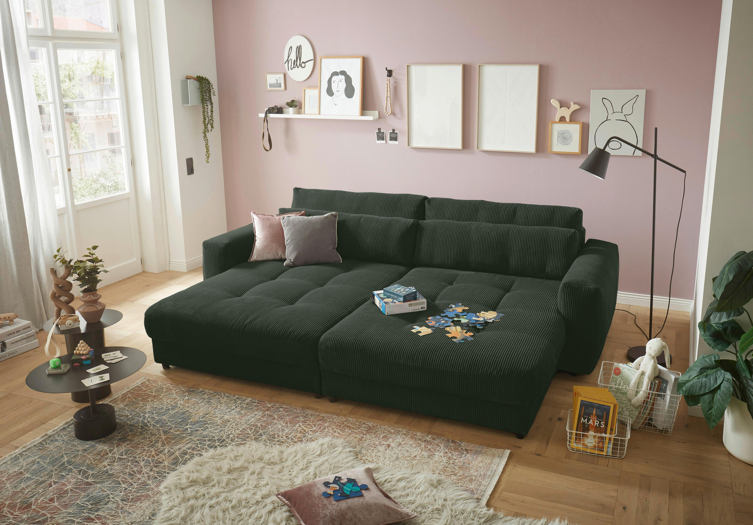 BIGSOFA Cord Dunkelgrün  - Dunkelgrün/Schwarz, KONVENTIONELL, Kunststoff/Textil (292/90/194cm) - MID.YOU