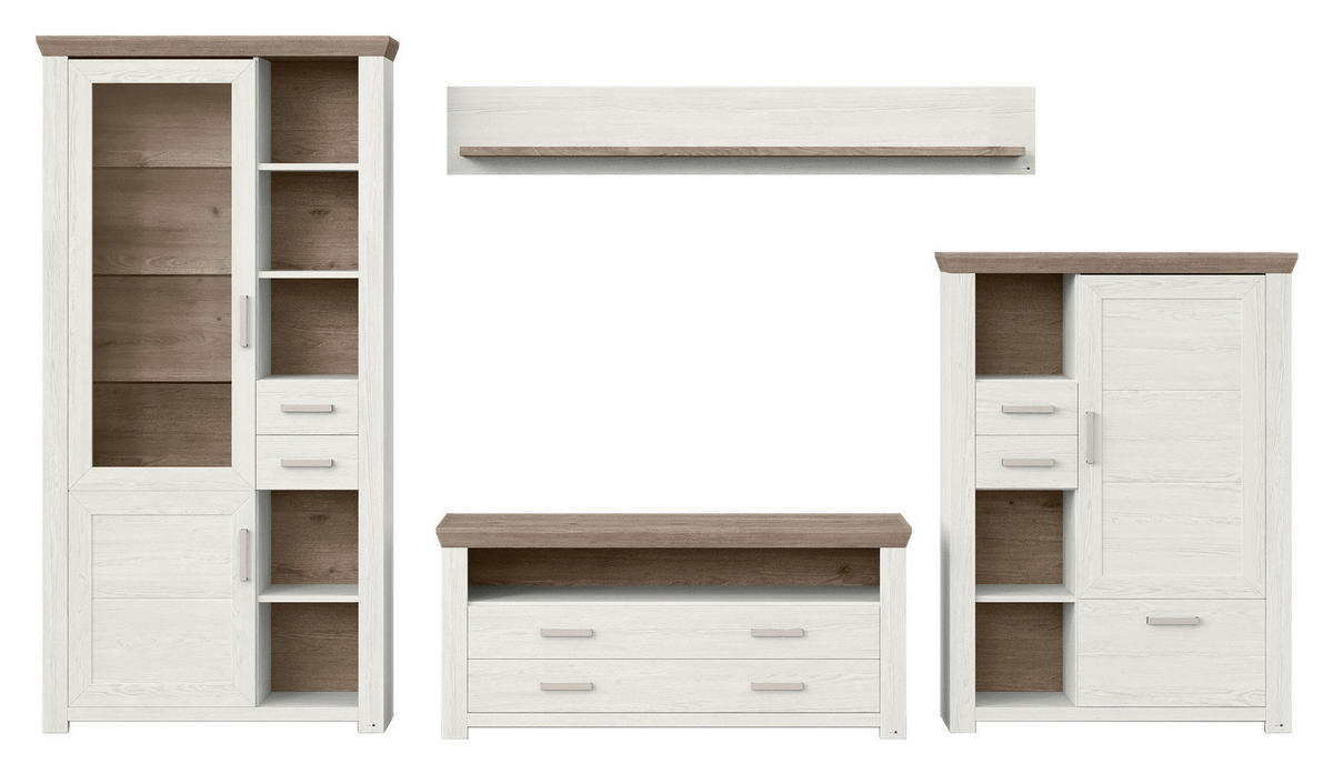 WOHNWAND  in Weiß, Eichefarben  370/206,6/51,2 cm  - Eichefarben/Weiß, Design, Glas/Holzwerkstoff (370/206,6/51,2cm) - SetOne by Musterring