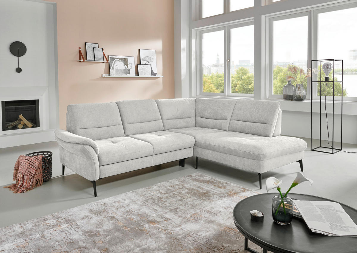 ECKSOFA in Webstoff Creme  - Creme/Schwarz, Design, Textil/Metall (256/206cm) - Beldomo System