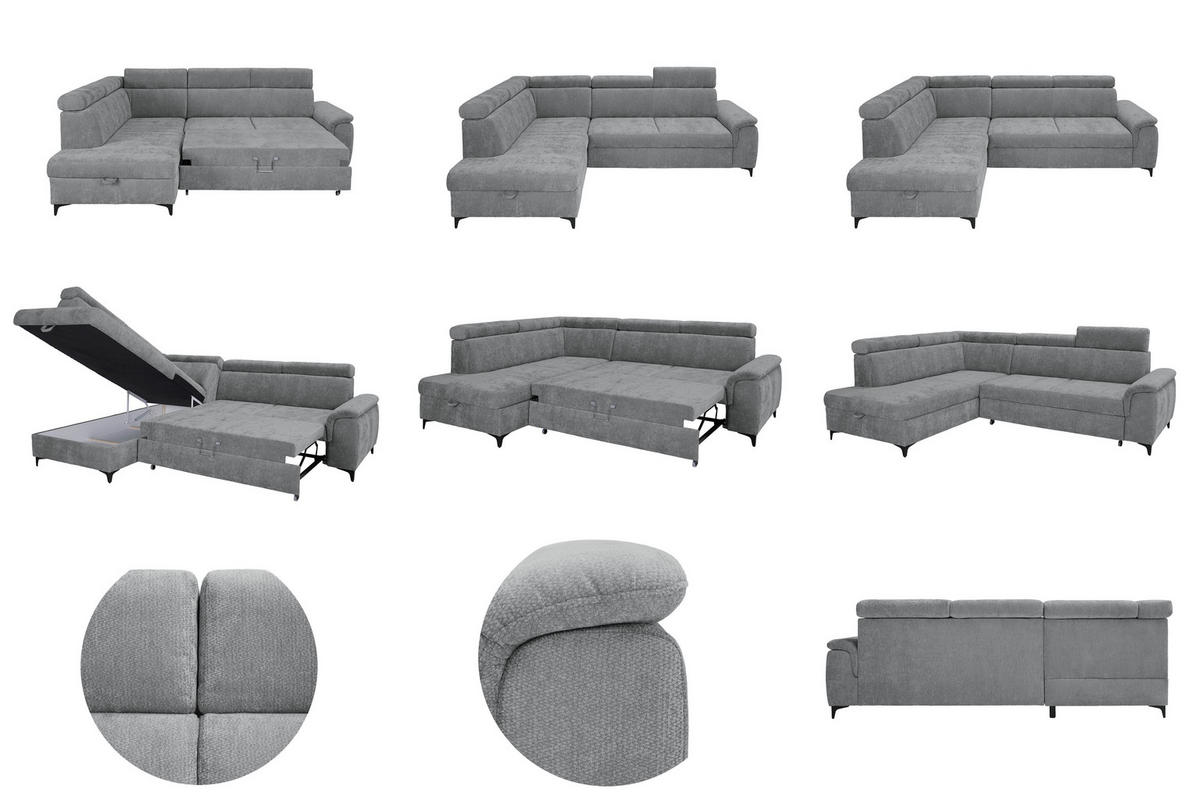 ECKSOFA Dunkelgrau Chenille Bettkasten, Schlaffunktion, Rücken echt, Kopfteilverstellung, Liegefläche im Originalstoff  - Dunkelgrau/Schwarz, KONVENTIONELL, Textil/Metall (206/265cm) - Carryhome