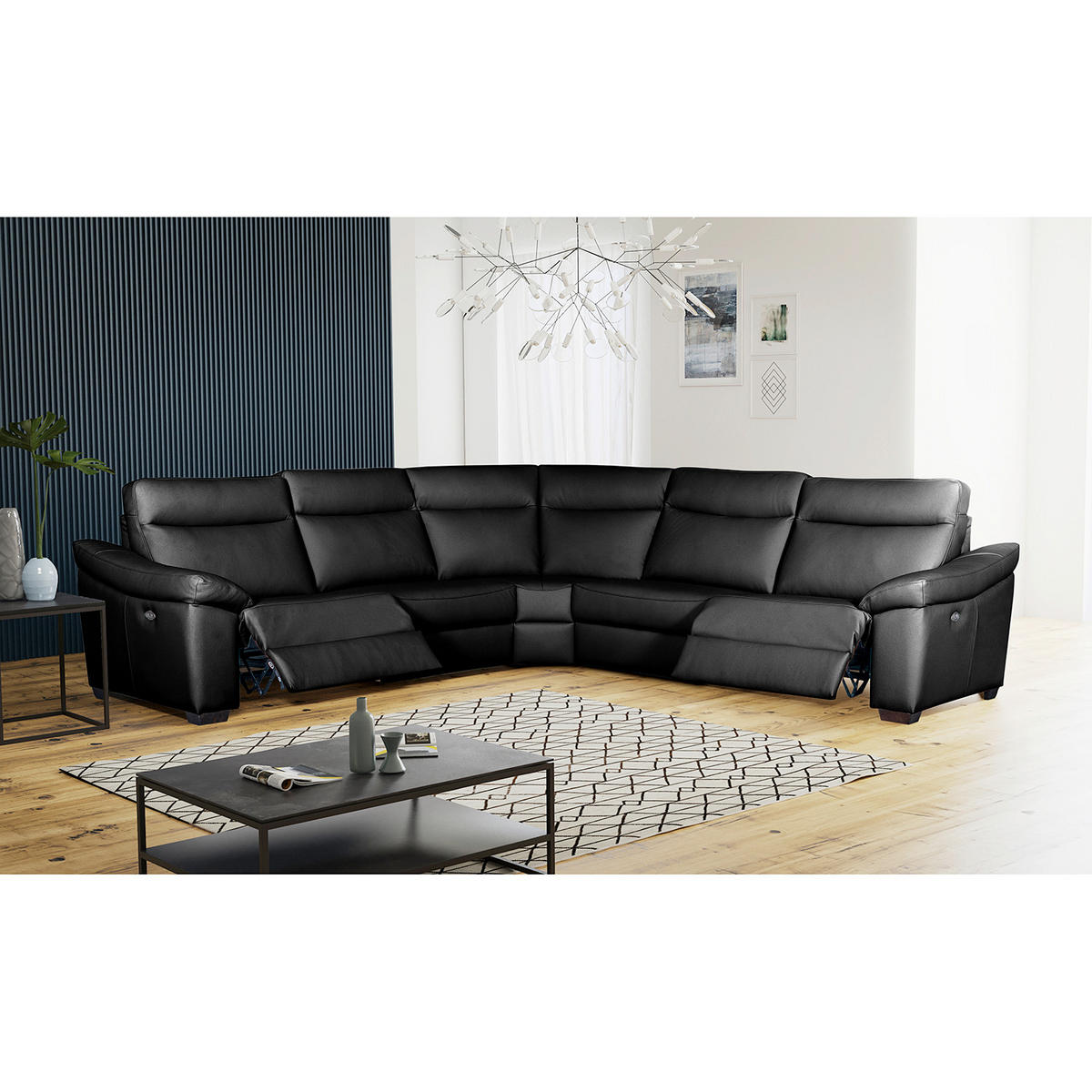 ECKSOFA Schwarz Echtleder  - Schwarz, Design, Leder/Holz (299/299cm) - Livetastic