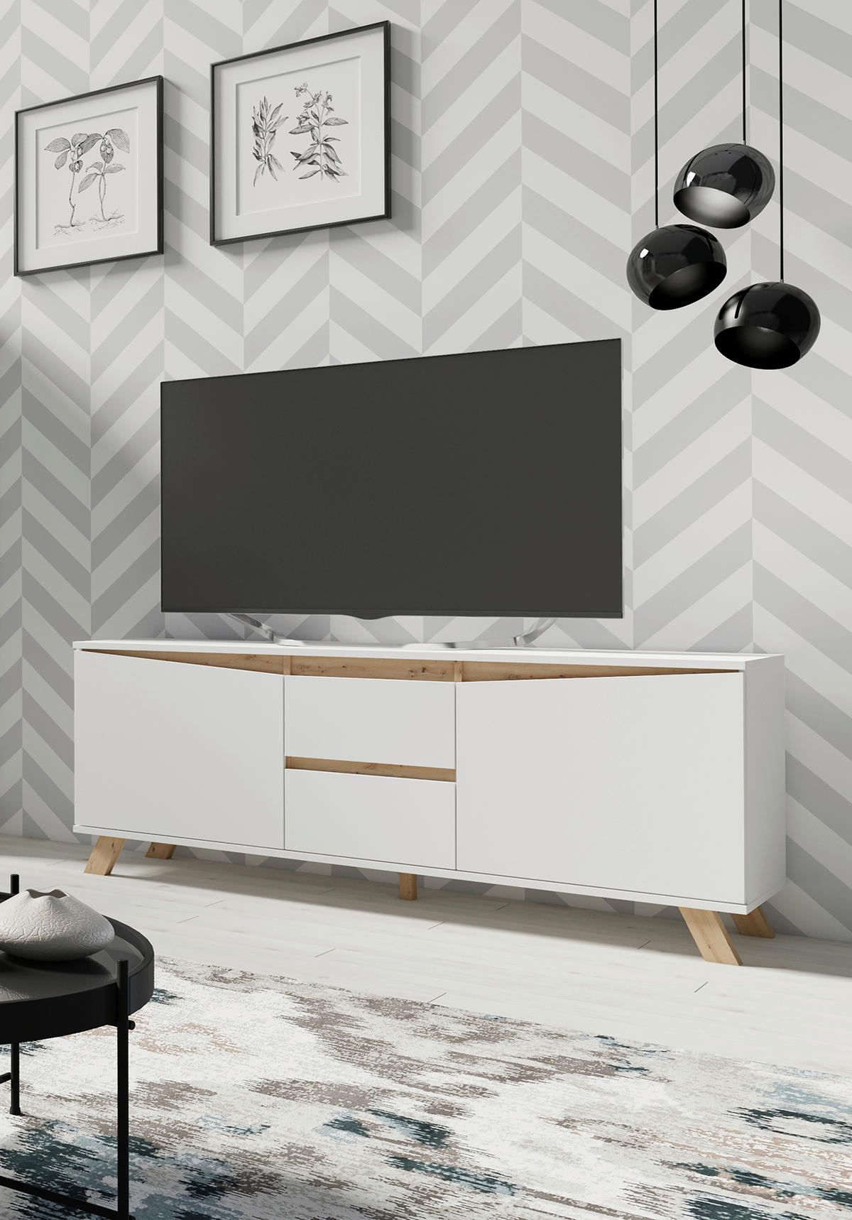 TV-ELEMENT Holzwerkstoff Weiß, Eiche Artisan  - Weiß/Eiche Artisan, MODERN, Holzwerkstoff (160/55/38cm) - MID.YOU