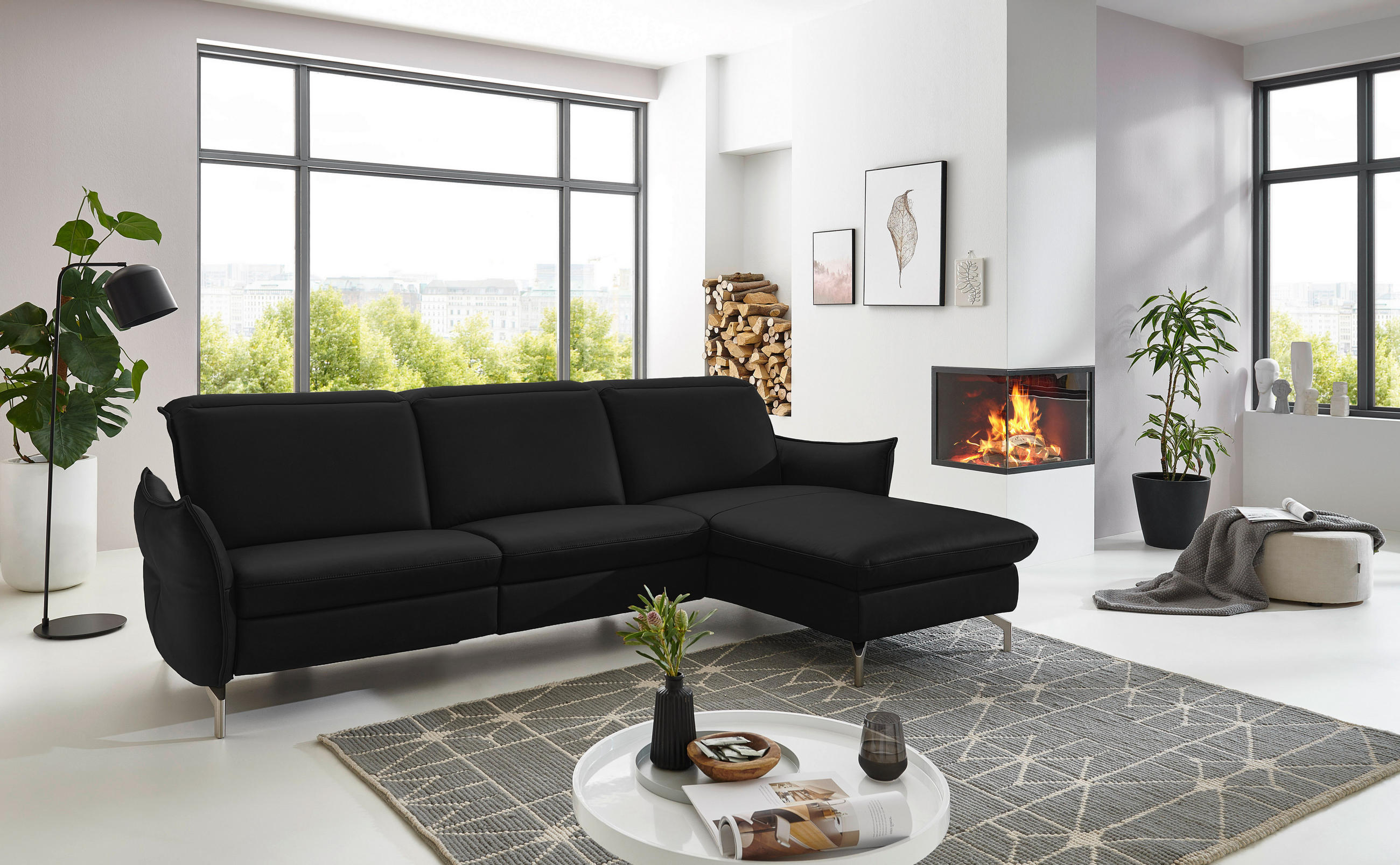 ECKSOFA in Lederlook (vegan) Schwarz  - Schwarz/Nickelfarben, Modern, Textil/Metall (233/179cm) - Livetastic