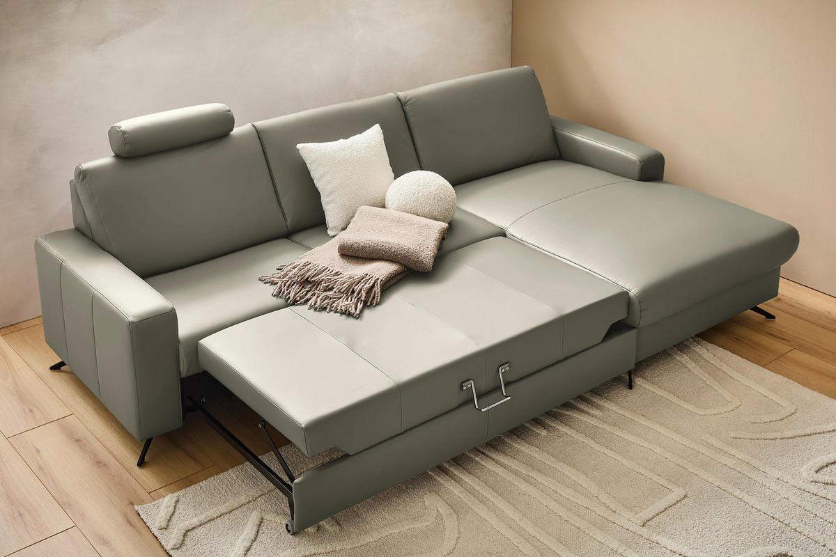 ECKSOFA in Echtleder Hellgrau  - Hellgrau/Schwarz, Design, Leder/Metall (267/165cm) - Lomoco