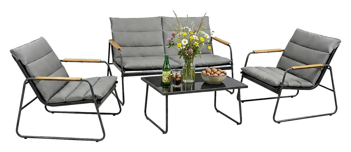 LOUNGEGARNITUR 4-teilig   Stahl  - Anthrazit/Schwarz, MODERN, Glas/Kunststoff - Gardenson