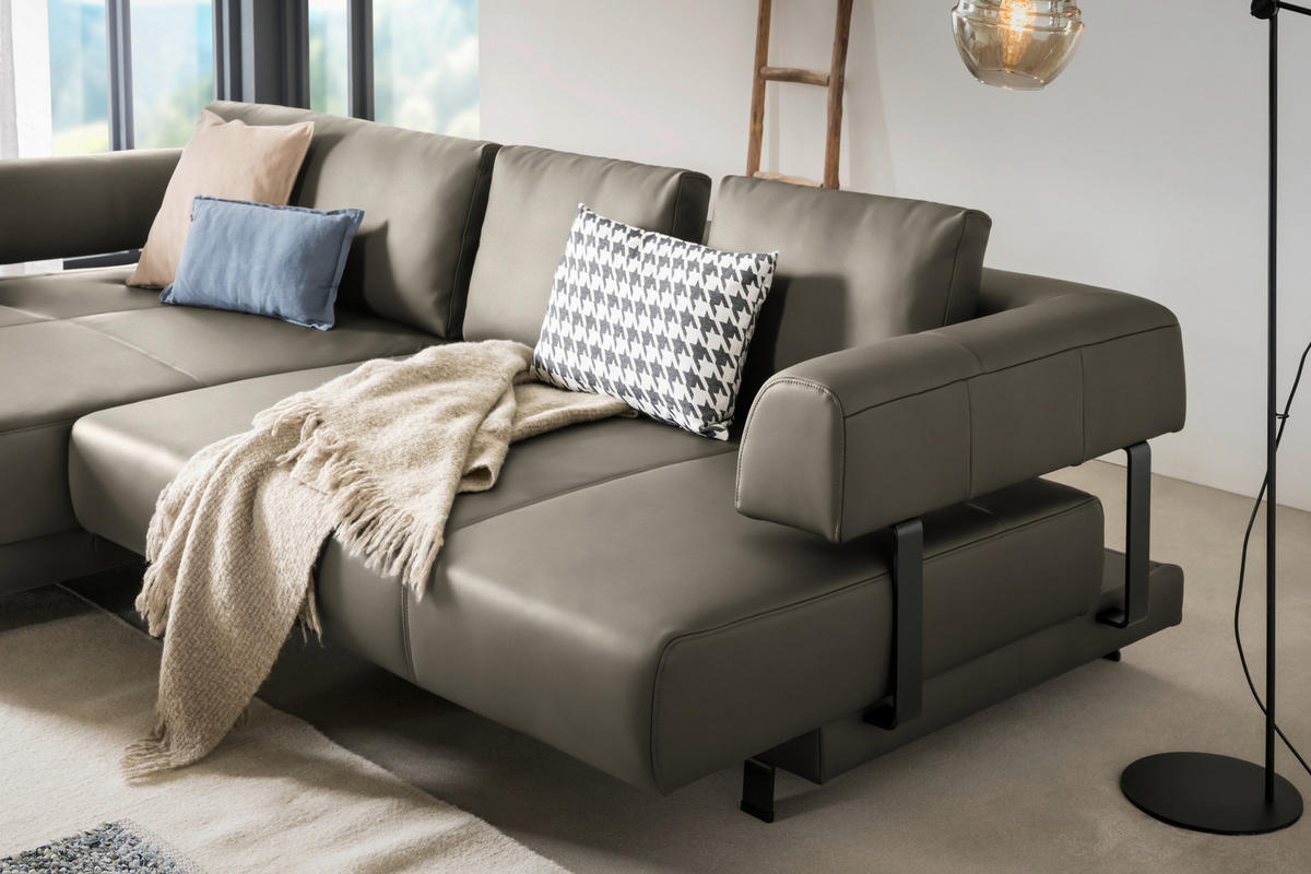 ECKSOFA in Echtleder Graubraun  - Graubraun/Schwarz, Design, Leder/Metall (188/307cm)