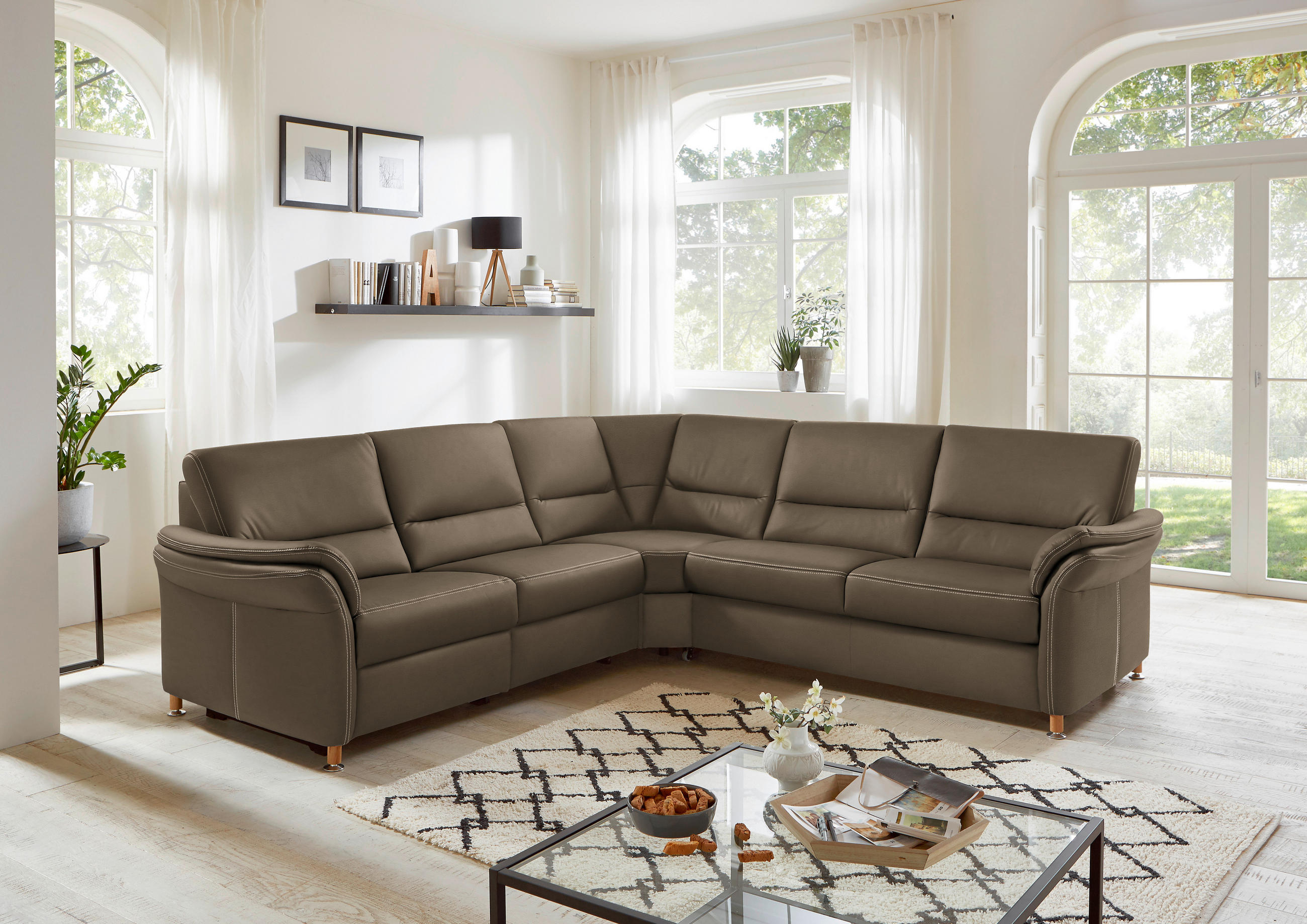 ECKSOFA in Echtleder Graubraun  - Eichefarben/Graubraun, Konventionell, Leder/Holz (262/262cm) - Beldomo Premium