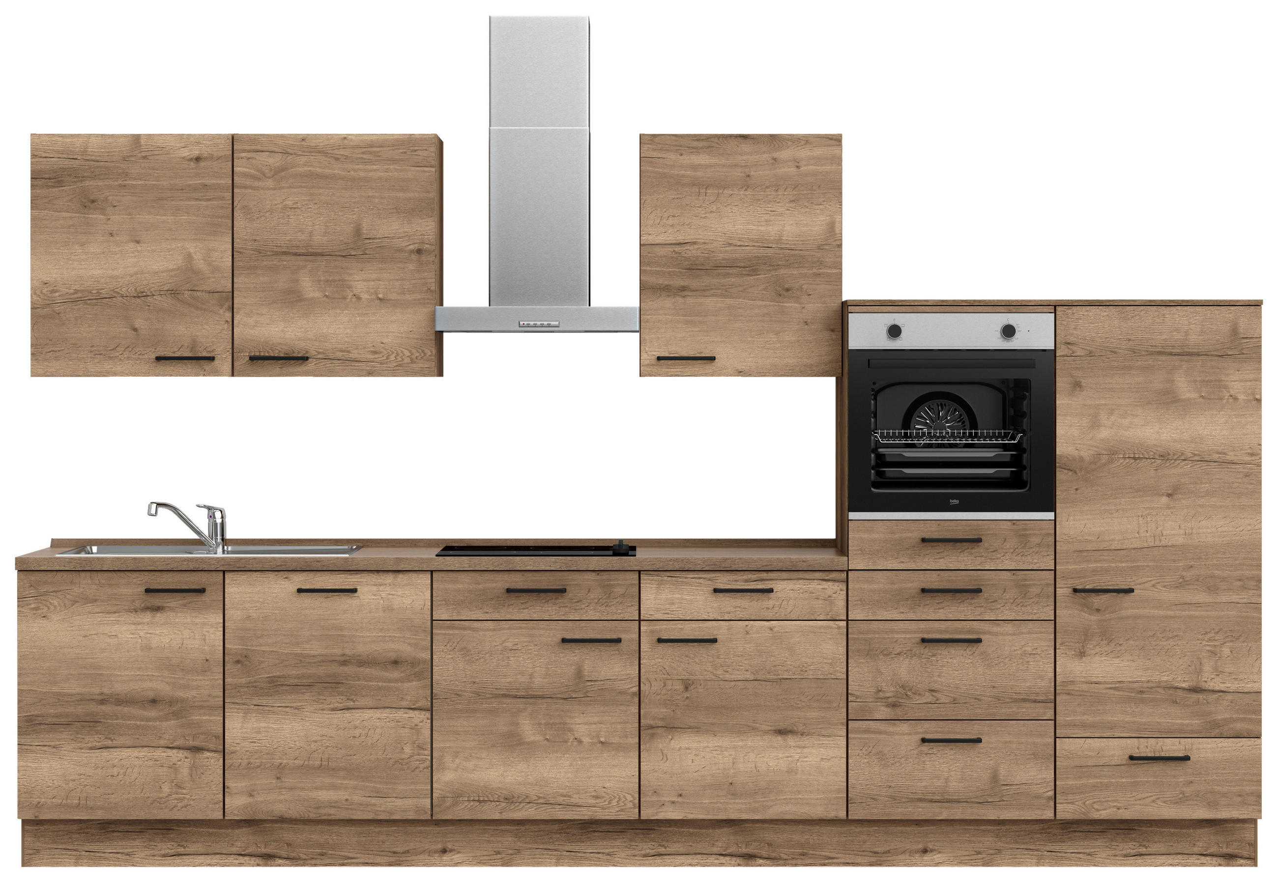 KÜCHENBLOCK 360 cm   in Eiche dunkel  - Eiche dunkel/Eichefarben, MODERN, Holzwerkstoff/Metall (360cm) - Nobilia