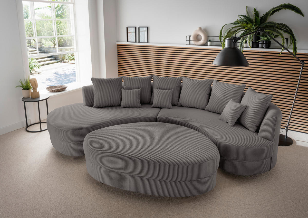 Wohnlandschaft inkl. Hocker Grau Cord  - Schwarz/Grau, Design, Kunststoff/Textil (160/300cm) - Livetastic