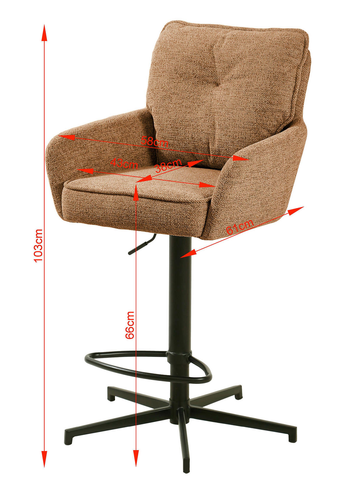 BARHOCKER Leinenoptik Schwarz, Rostfarben Eisen Stoffauswahl, Sitzfläche 360° drehbar  - Taupe/Rostfarben, Design, Textil/Metall (58/103-123/61cm) - Novel