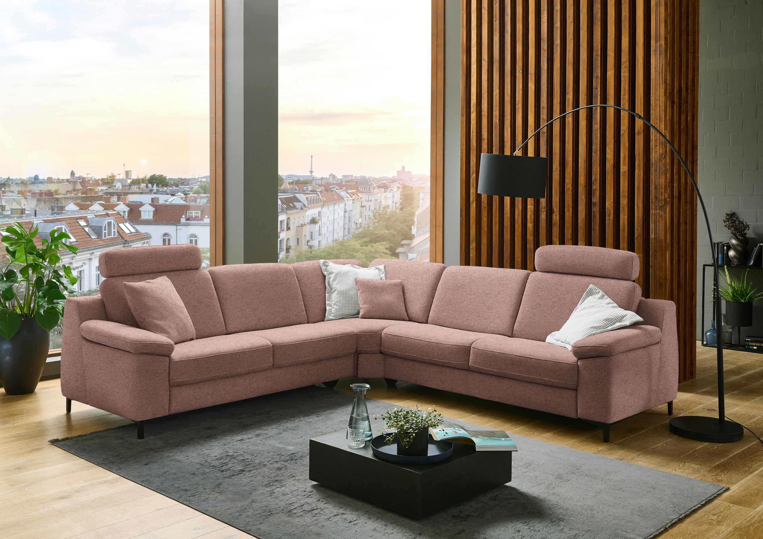 ECKSOFA in Chenille Altrosa  278/278 cm  - Schwarz/Altrosa, Design, Textil/Metall (278/278cm) - Valdera