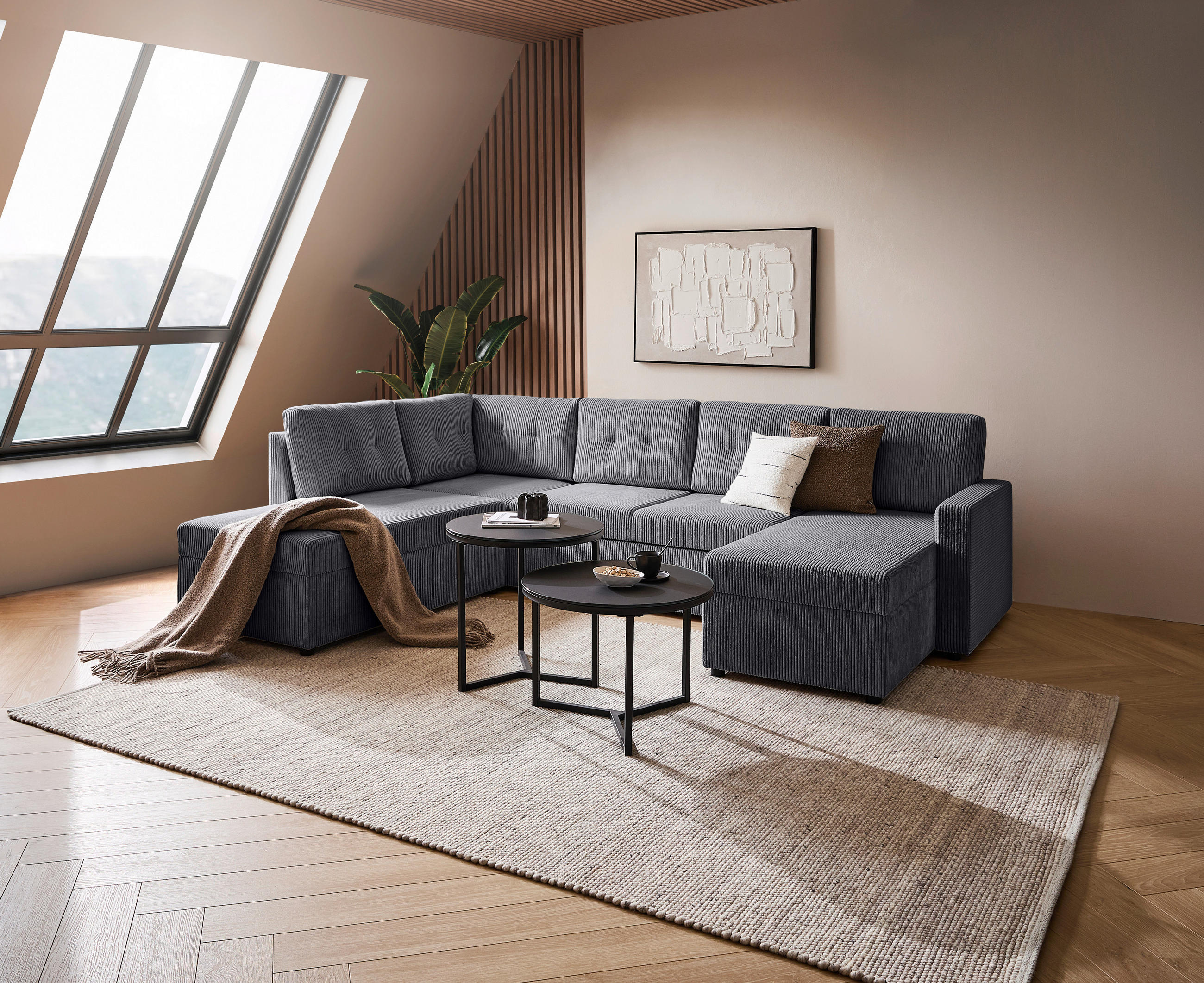 WOHNLANDSCHAFT Anthrazit Cord  - Anthrazit/Schwarz, KONVENTIONELL, Kunststoff/Textil (212/293/155cm) - Ti'me