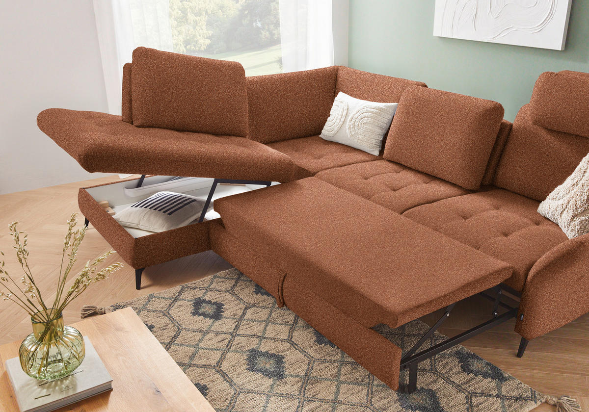 ECKSOFA Cognac Bouclé  - Cognac/Schwarz, Natur, Textil/Metall (233/288cm) - Valnatura
