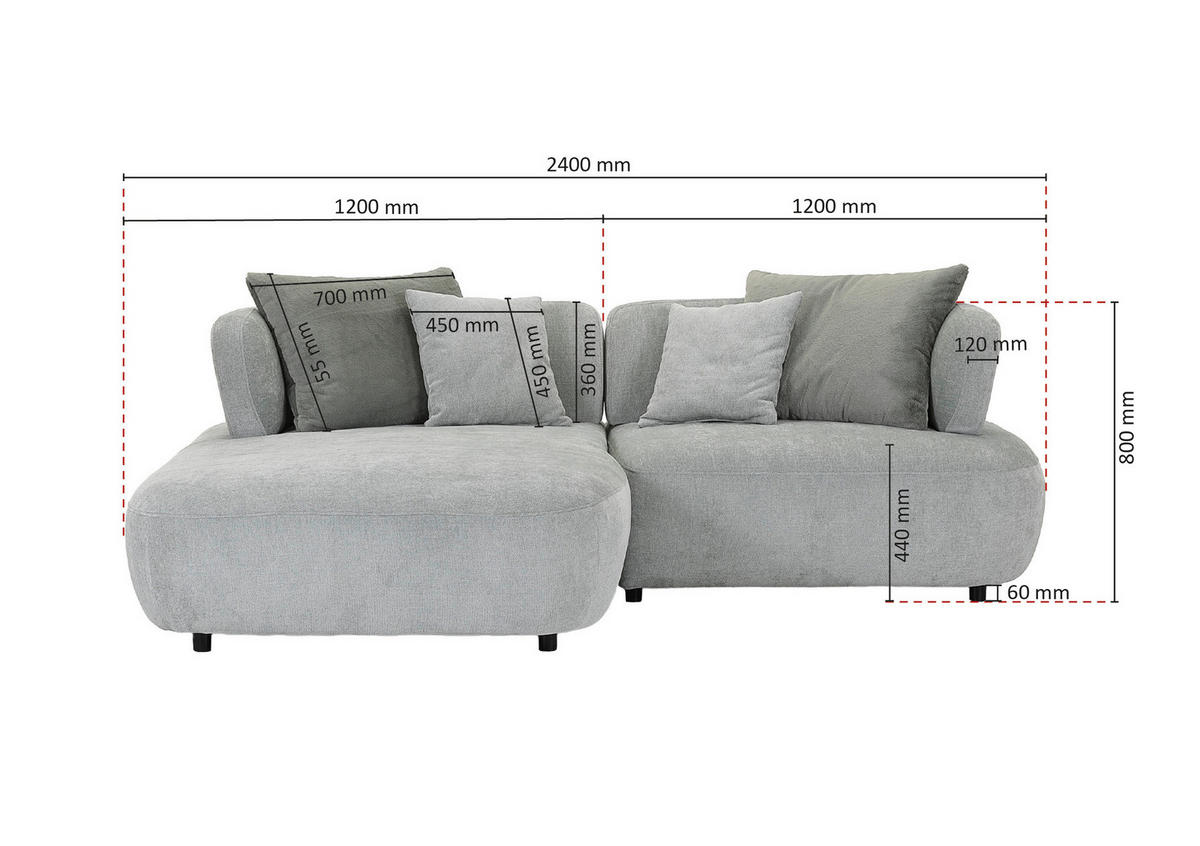 ECKSOFA Mintgrün Flachgewebe Zierkissen, Rückenkissen, Rücken echt, Sitztiefenverstellung  - Salbeigrün/Schwarz, MODERN, Kunststoff/Textil (190/240cm) - Ambia Home