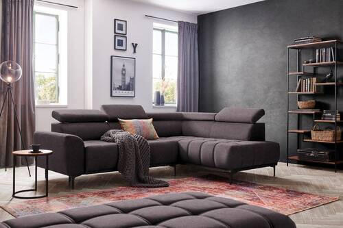 ECKSOFA in Velours Dunkelbraun  - Dunkelbraun/Schwarz, Design, Textil/Metall (261/191cm) - Stylife