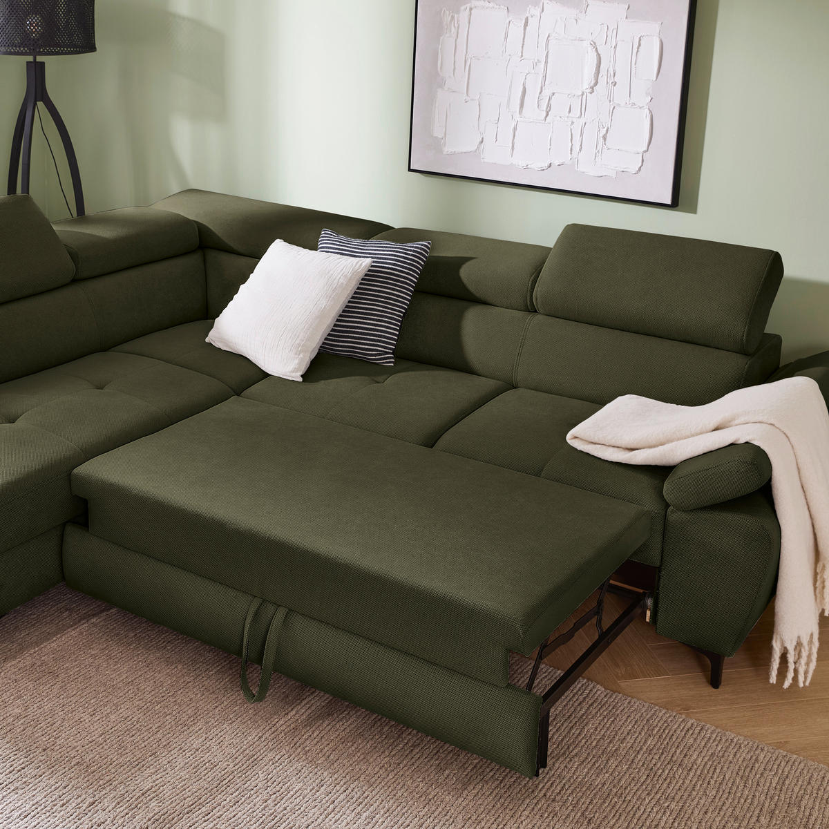 ECKSOFA inkl. Funktion COMBO Dunkelgrün Flachgewebe  - Dunkelgrün/Schwarz, Design, Textil/Metall (206/266cm) - Stylife