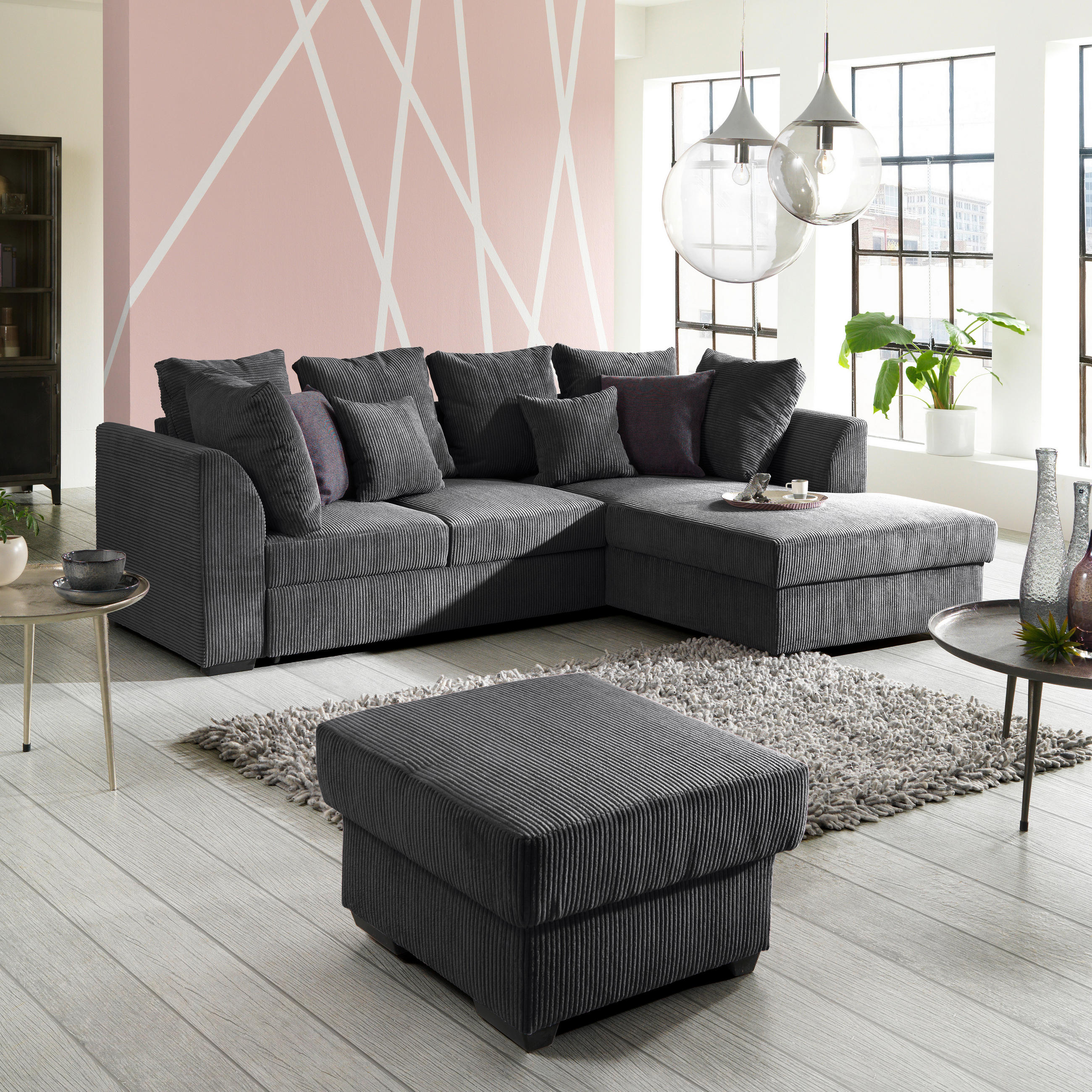 ECKSOFA inkl.Funktionen Anthrazit Cord  - Anthrazit/Schwarz, Design, Kunststoff/Textil (259/174cm) - Cantus