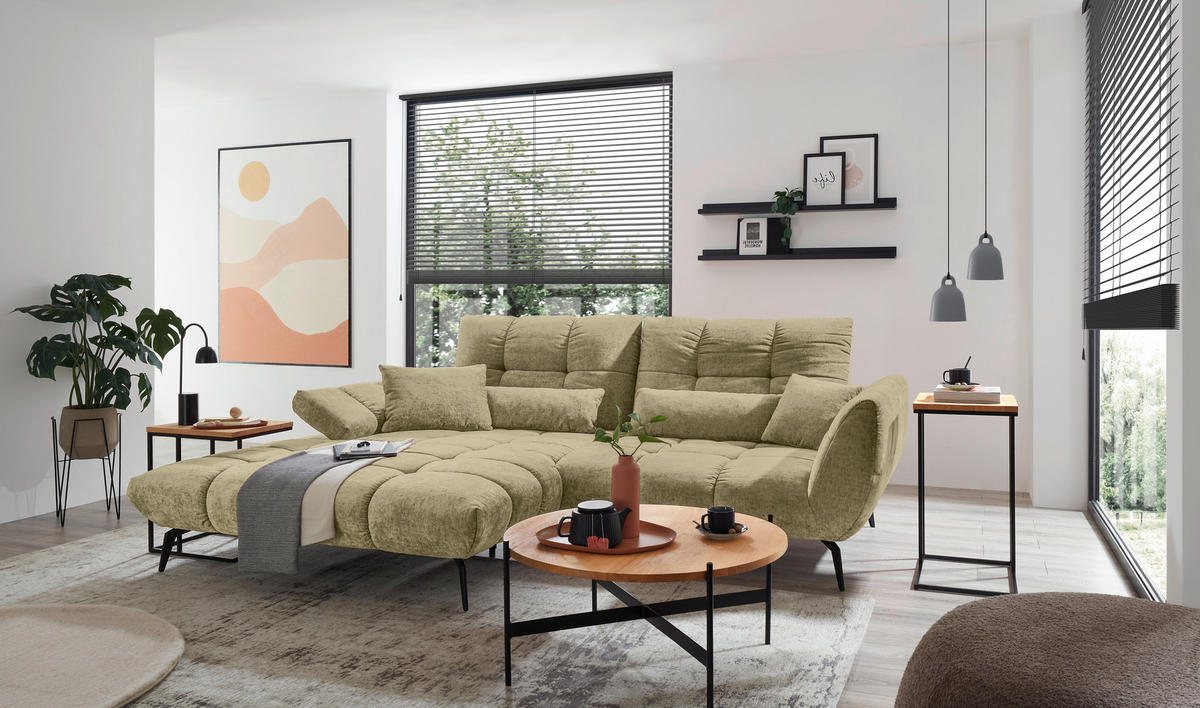 ECKSOFA Olivgrün Flachgewebe Rücken echt, Sitztiefenverstellung  - Schwarz/Olivgrün, KONVENTIONELL, Textil/Metall (211/273cm) - SetOne by Musterring