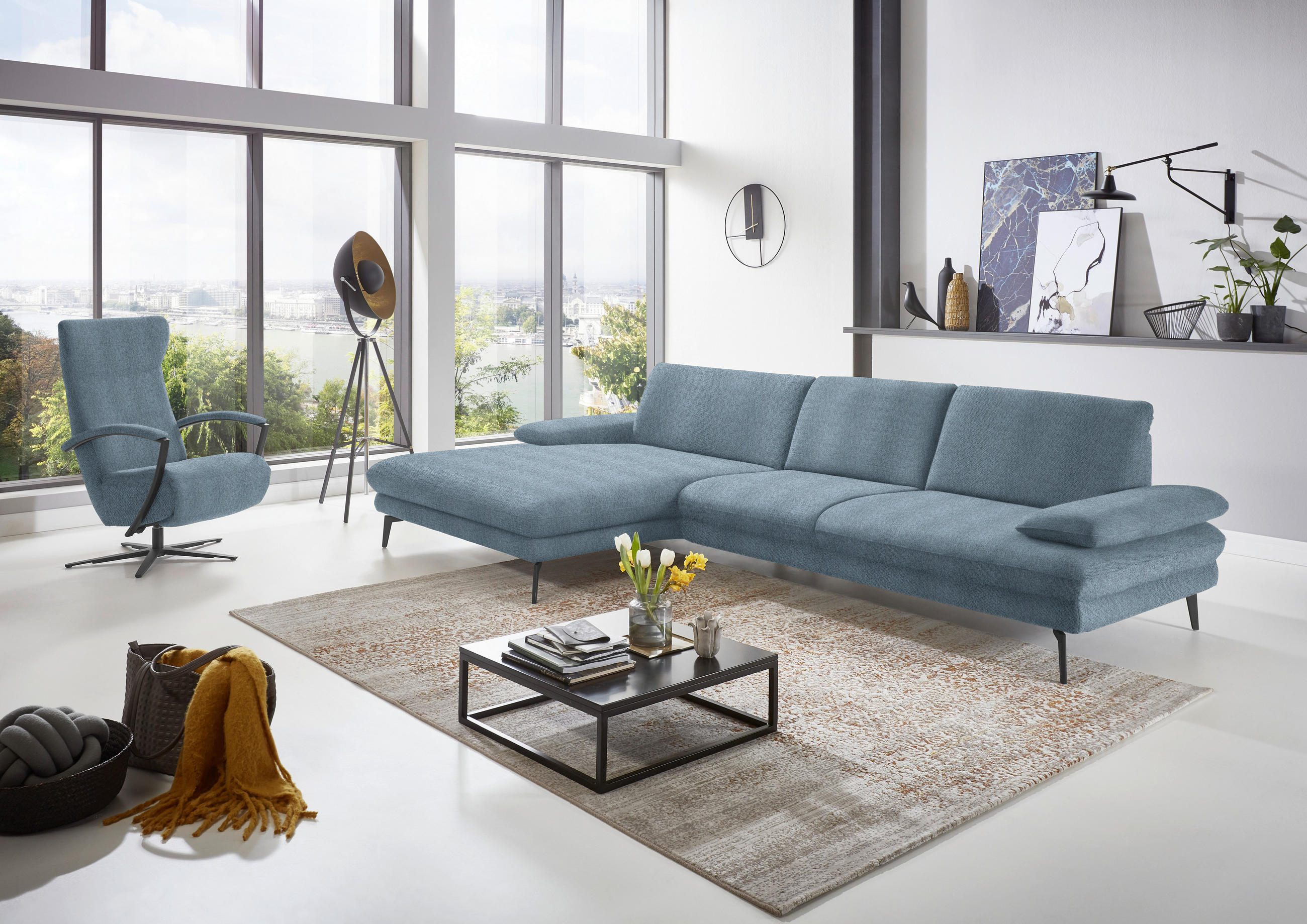 ECKSOFA in Chenille Blau  - Blau/Schwarz, Design, Textil/Metall (180/310cm) - Dieter Knoll