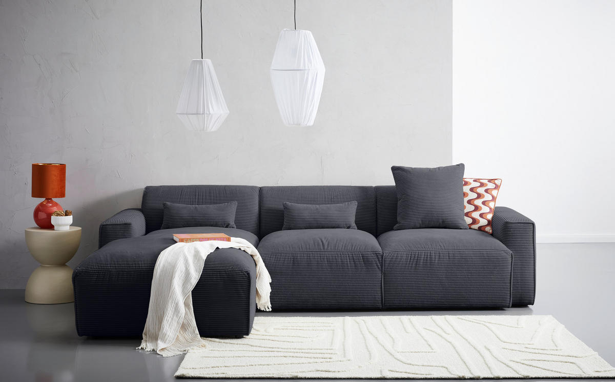 ECKSOFA in Cord Graphitfarben  - Schwarz/Graphitfarben, Design, Kunststoff/Textil (196/303cm) - Livetastic