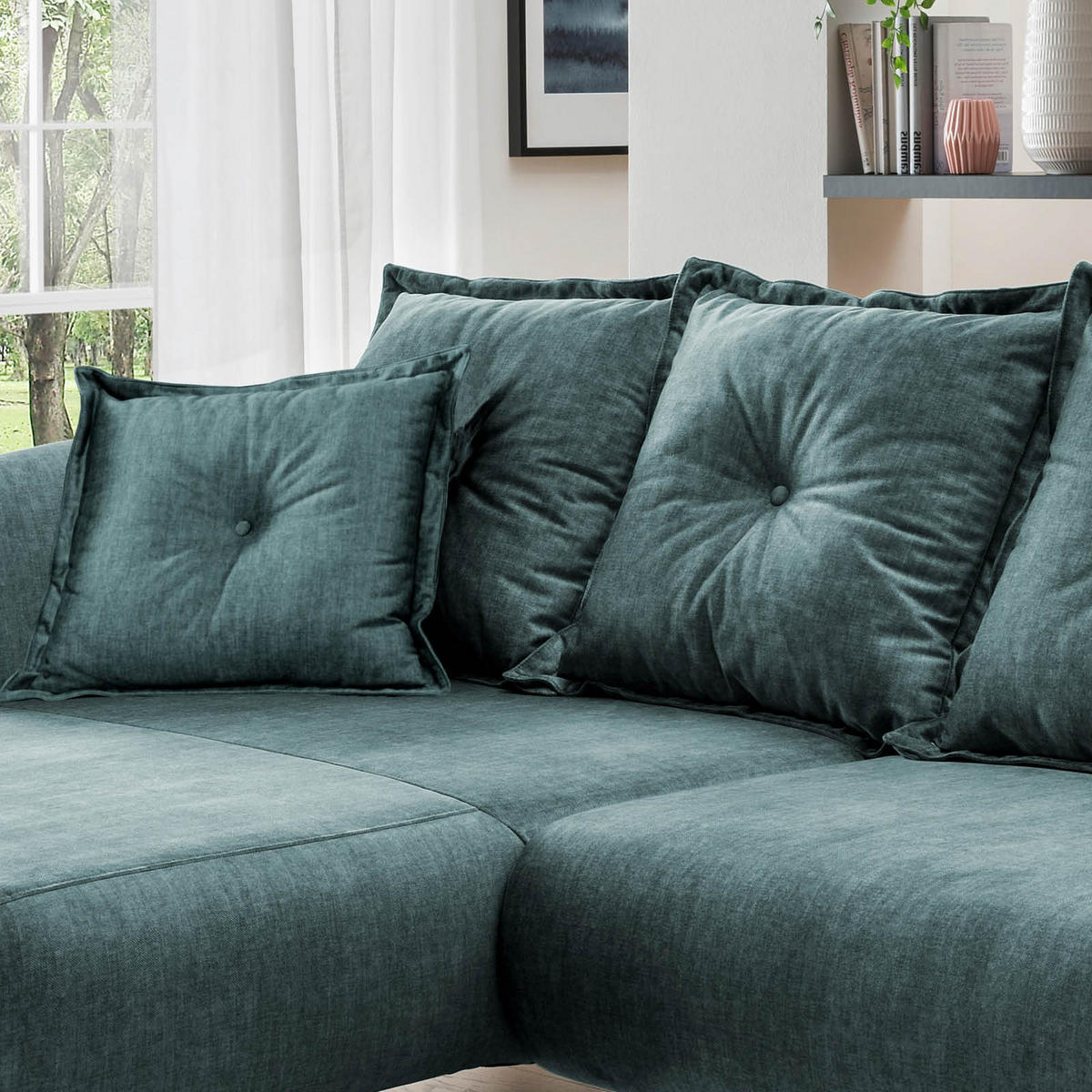 ECKSOFA Blau Velours  - Blau/Buchefarben, MODERN, Holz/Textil (162/277cm) - Livetastic