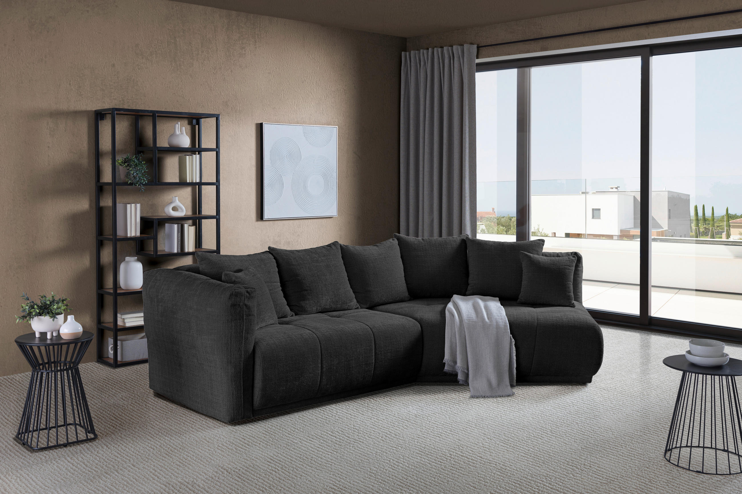 ECKSOFA Schwarz Chenille  - Schwarz, MODERN, Kunststoff/Textil (315/180cm) - Hom`in