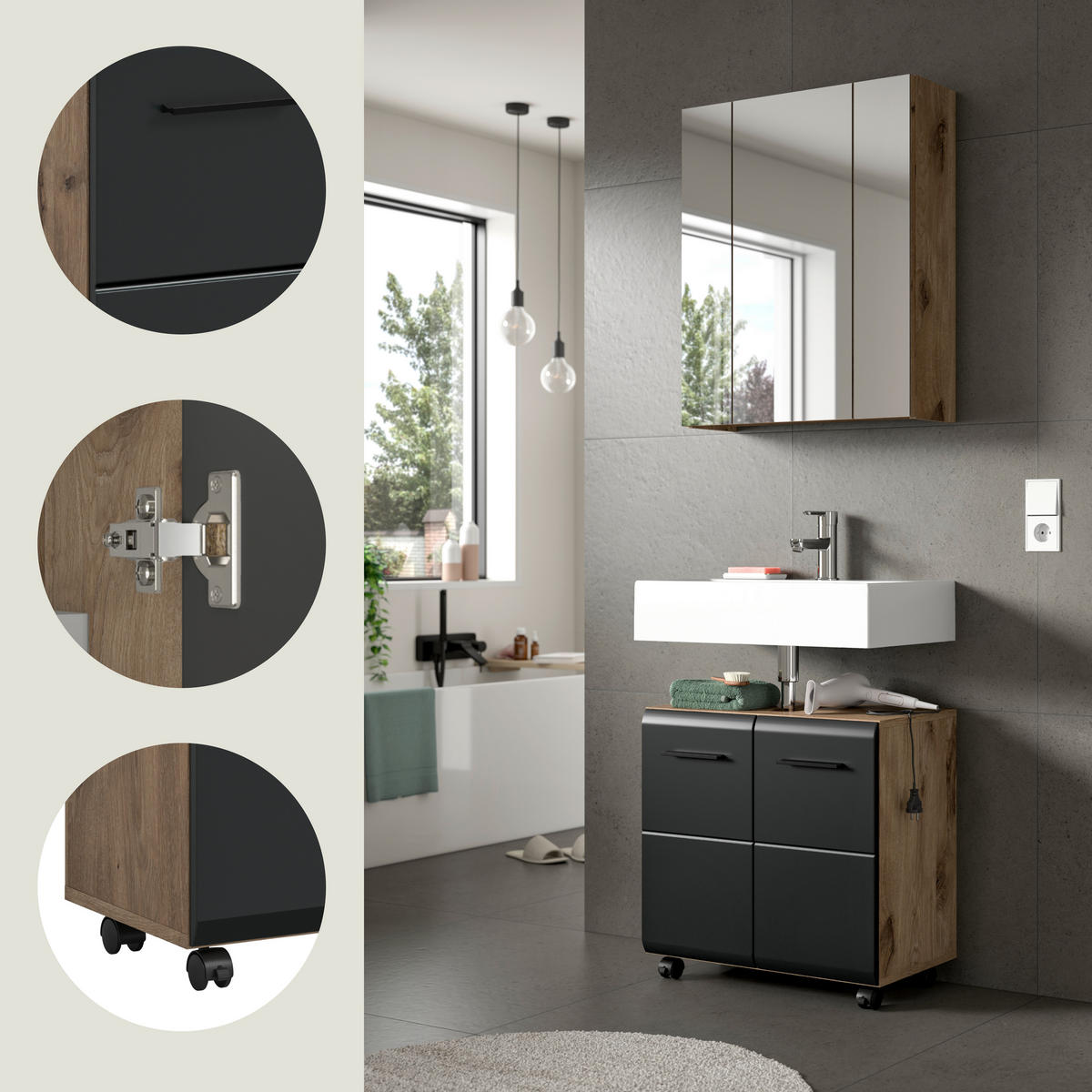 BADEZIMMER 2-teilig  in 60 cm  - Eiche dunkel/Schwarz, Trend, Glas/Holzwerkstoff (60cm) - MID.YOU