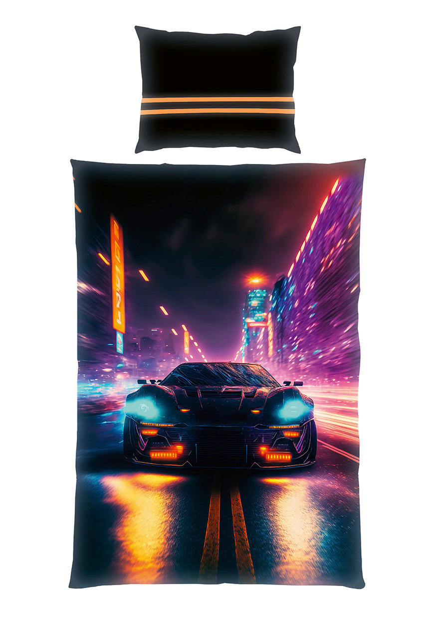 POSTELJINA ZA MLADE 135/200 cm NEON CAR - višebojno/crna, Konvencionalno, tekstil (135/200cm)