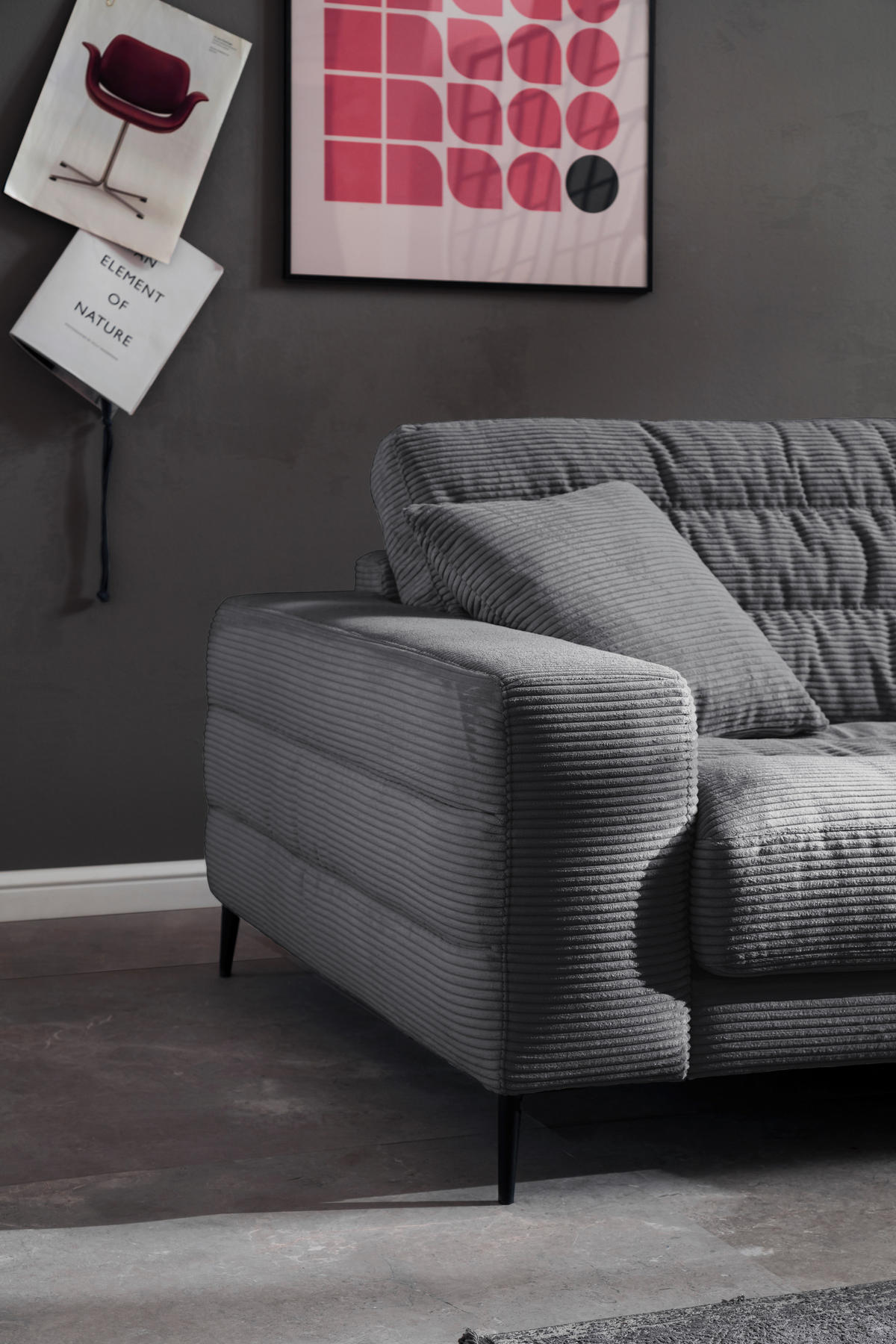 SEDEŽNA GARNITURA, rebrasti žamet temno siva  - temno siva/črna, Design, kovina/tekstil (296/207cm) - Pure Home Lifestyle