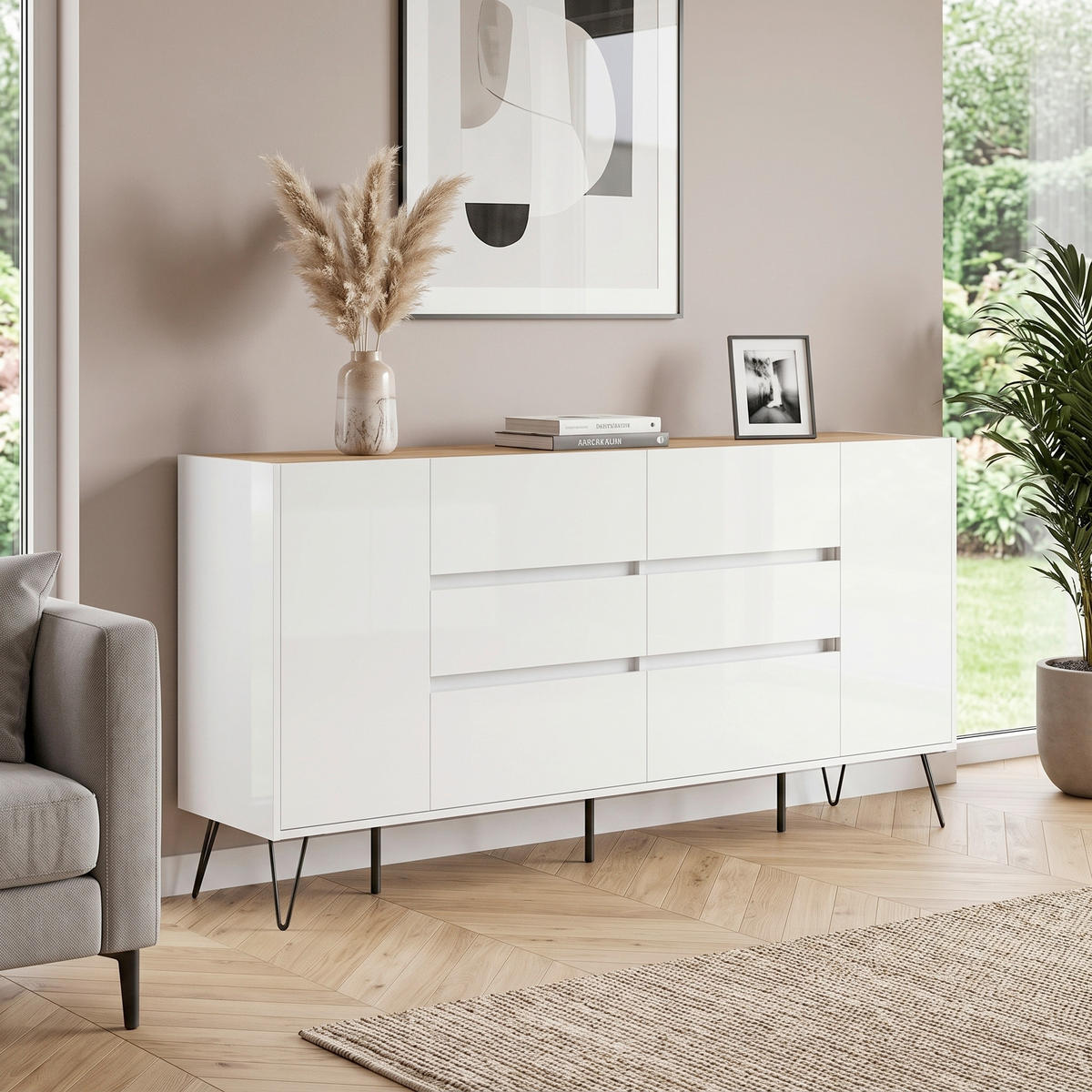 SIDEBOARD Posseik Industrial 199/93,6/42 cm 6 Schublade(n)  - Weiß Hochglanz/Eichefarben, Design, Holzwerkstoff/Metall (199/93,6/42cm) - MID.YOU